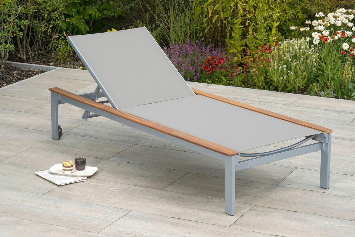 Gartenliege Naxos ca. 198x84 cm Alu/Akazie masiv - Beige/Silberfarben, MODERN, Holz/Metall (198/103/84cm) - Gardenson