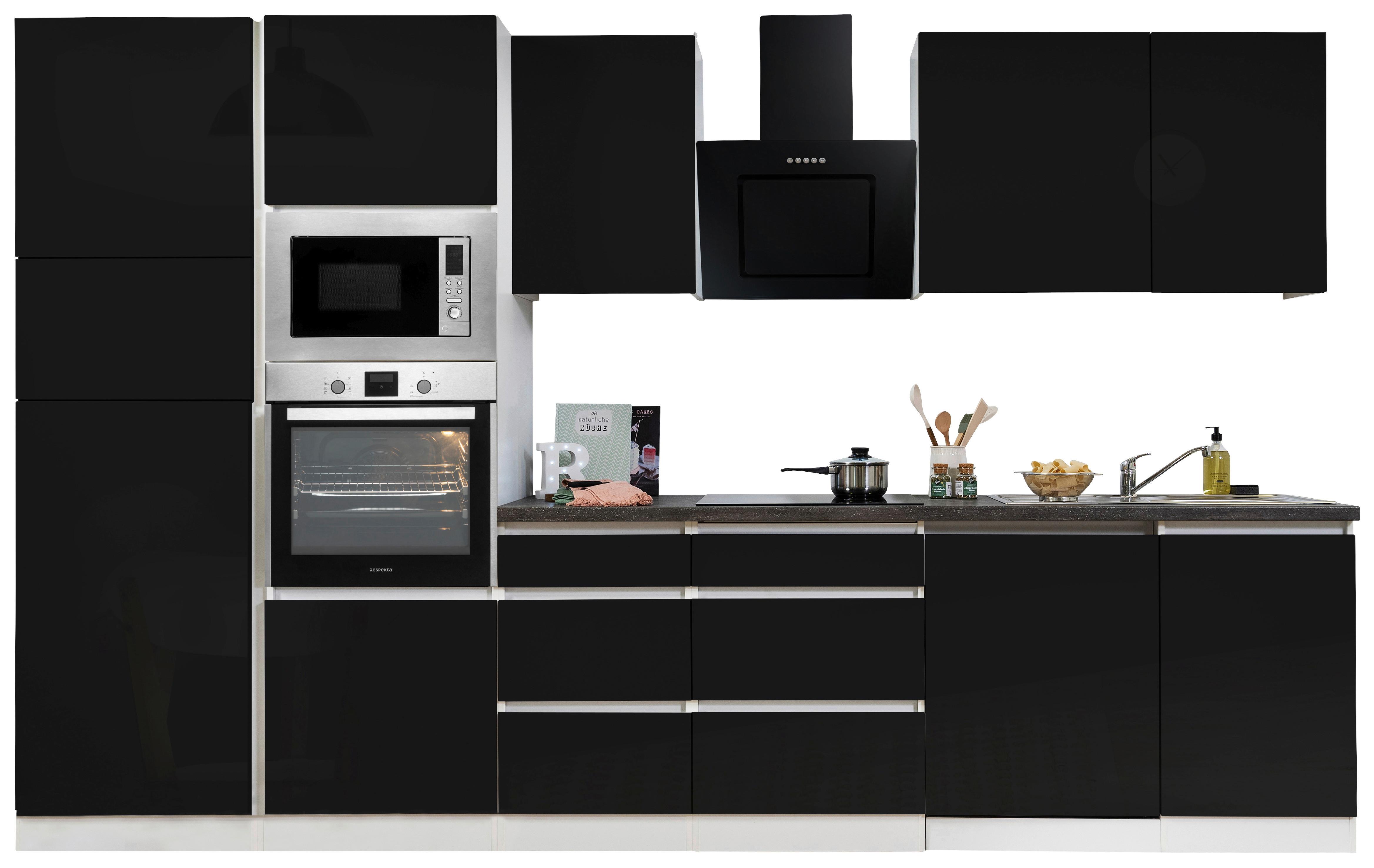 Küchenblock Lorena mit Geräten ca. 345 cm Schwarz Hochglanz - Schwarz Hochglanz/Graphitfarben, Basics, Holzwerkstoff (345cm) - Respekta