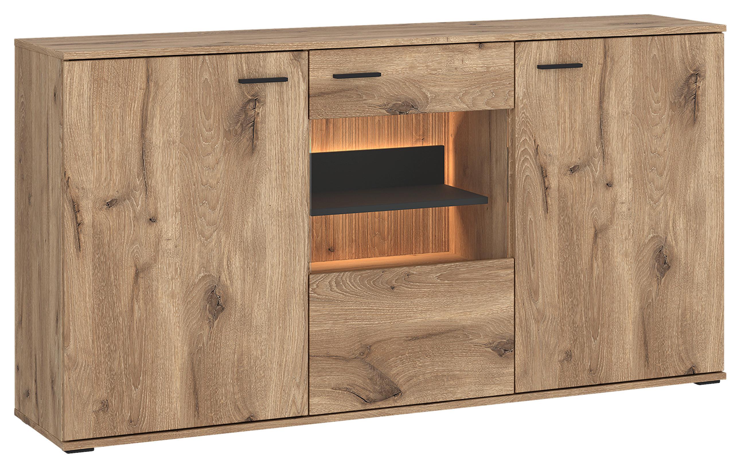 VITRINĂ PARDOO - culoare lemn stejar/antracit, Trend, sticlă/material pe bază de lemn (160/86,9/50cm) - Modern Living