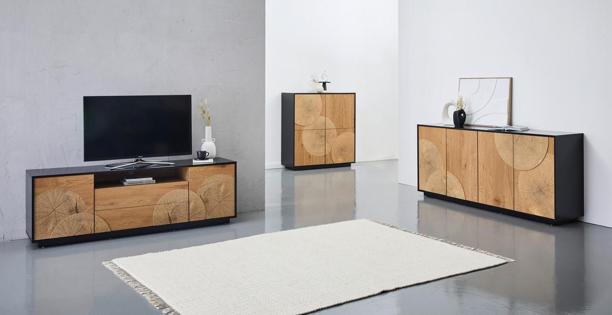 KOMODA WOODY - kolor dębowy/czarny, Lifestyle, materiał drewnopochodny (110/115,5/40cm) - Xora