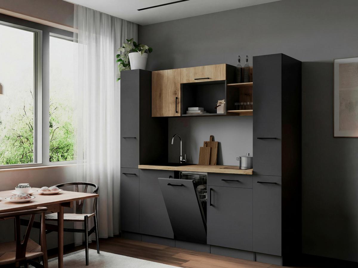 Küchenblock Oliver m. Geräten Grau - Eiche Artisan/Grau, Trend, Holzwerkstoff/Metall (205cm) - Respekta