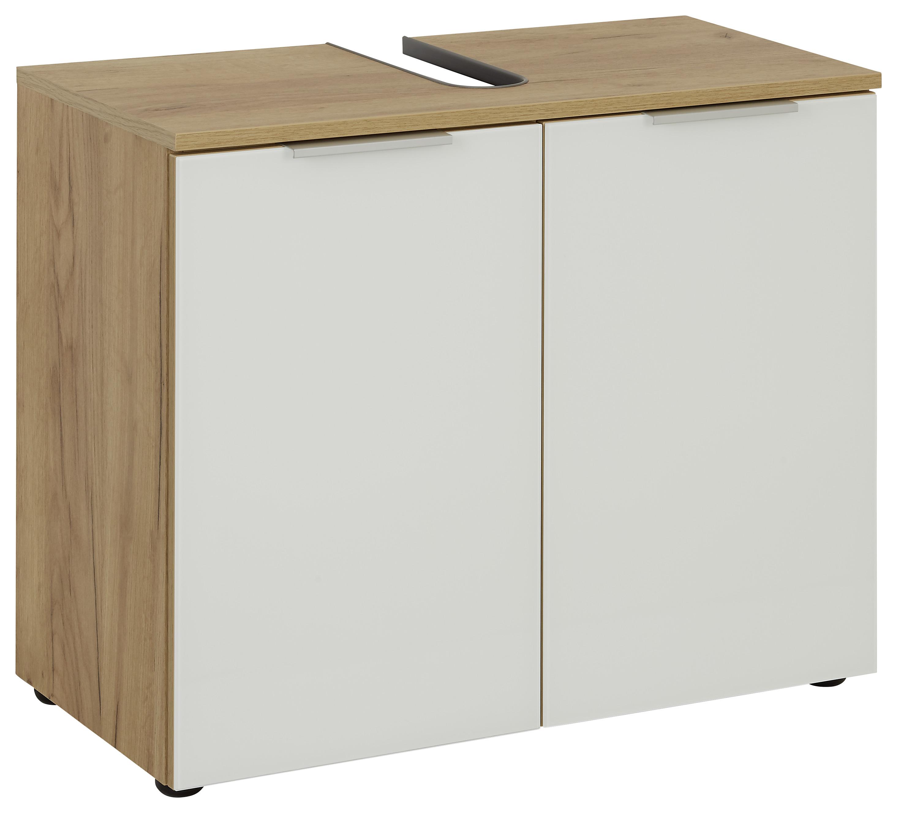 Waschbeckenunterschrank in Weiß/Eichefarben - Alufarben/Schwarz, MODERN, Glas/Holzwerkstoff (70/58/34cm) - Premium Living