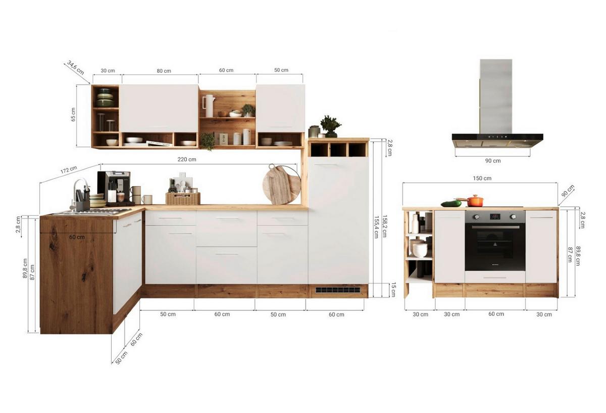 Eckküche Hilde m. Geräten ca. 280x172cm Weiß/Wildeiche - Wildeiche/Alufarben, Design, Holzwerkstoff/Metall (280/172cm) - Respekta