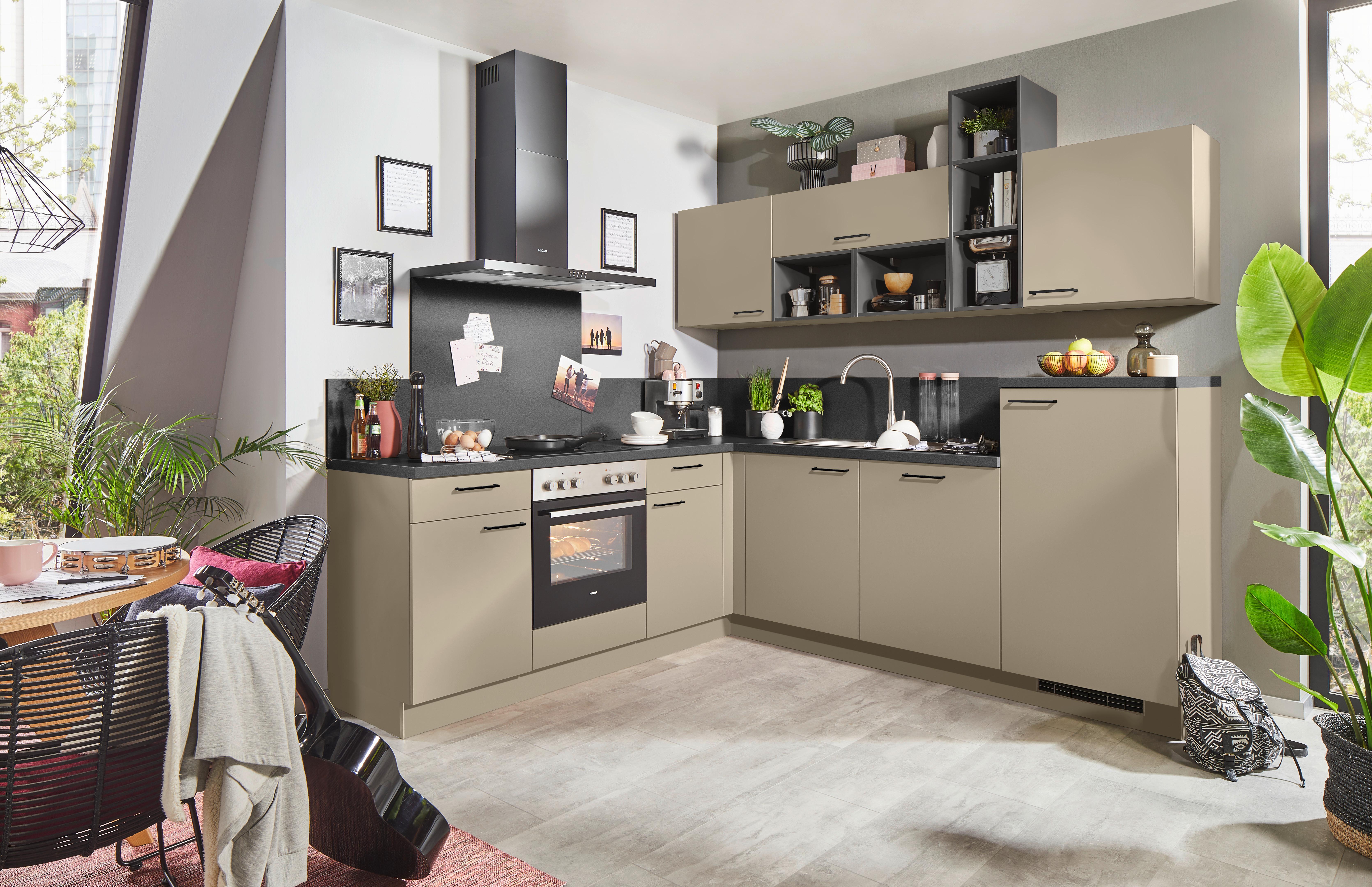 Eckküche WIN ohne Geräte, ohne Zubehör - Creme/Schwarz, Holzwerkstoff (225/245cm) - Express-Kuechen