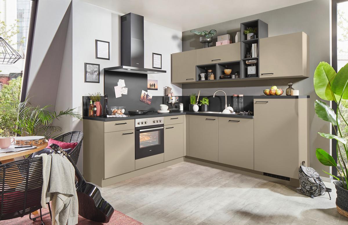 Eckküche WIN ohne Geräte, ohne Zubehör - Creme/Schwarz, Holzwerkstoff (225/245cm) - Express-Kuechen