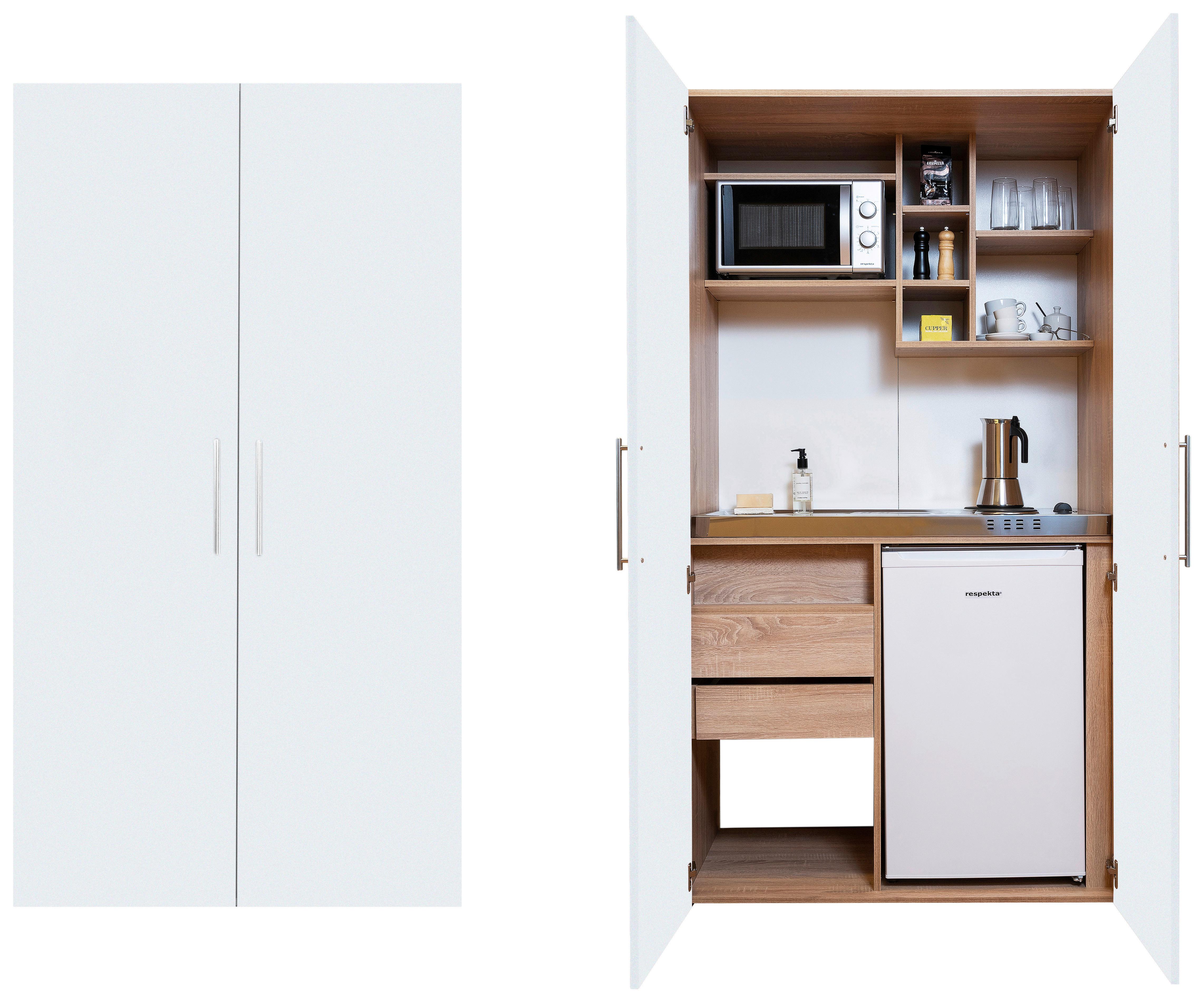 Schrankküche Weiß Kühlschrank + Kochfeld B: ca. 104 cm - Edelstahlfarben/Eichefarben, KONVENTIONELL, Holzwerkstoff/Metall (104/193/67cm) - Respekta