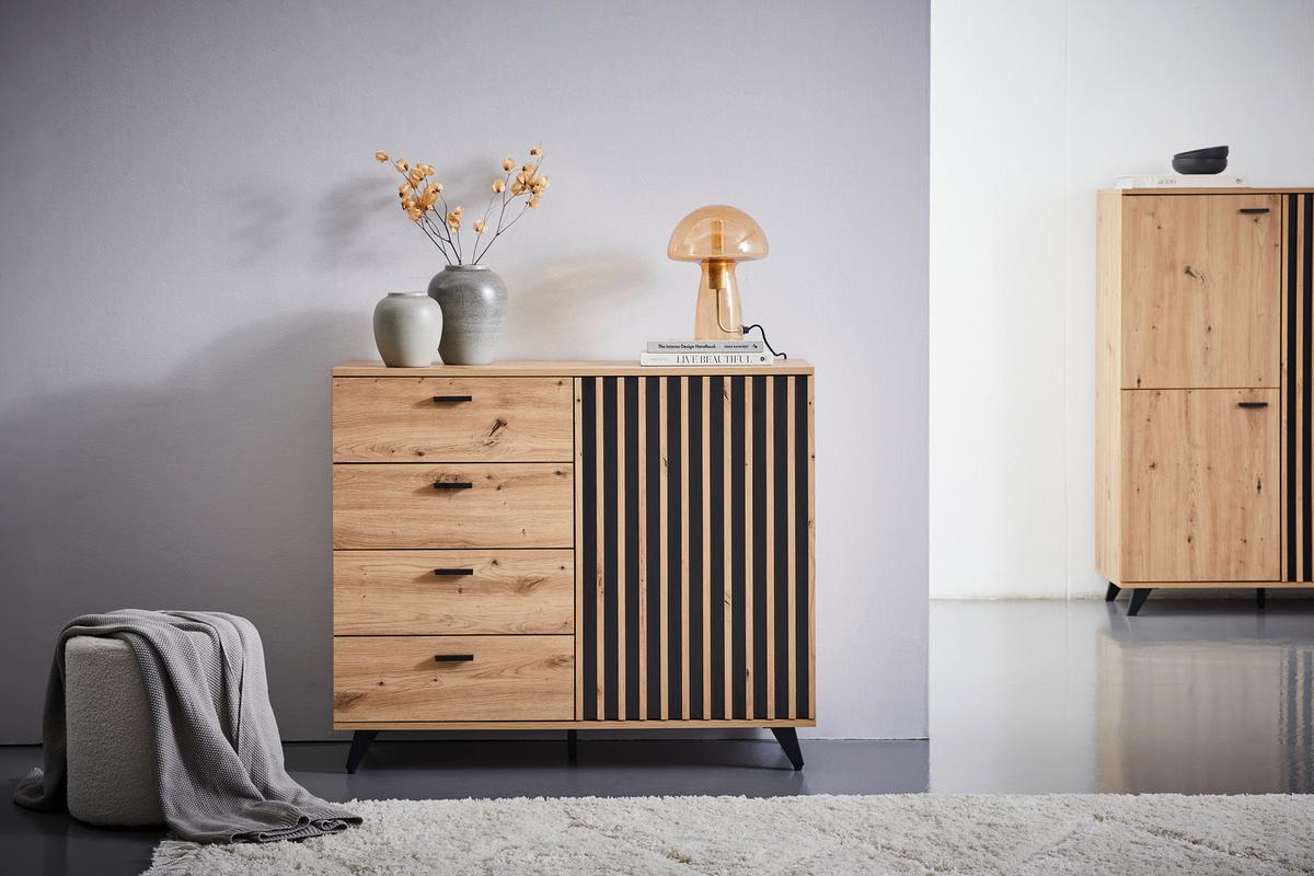 KOMODA SZEROKA THOMAS - kolor dębowy/czarny, Lifestyle, materiał drewnopochodny/metal (103/86/40cm) - MID.YOU