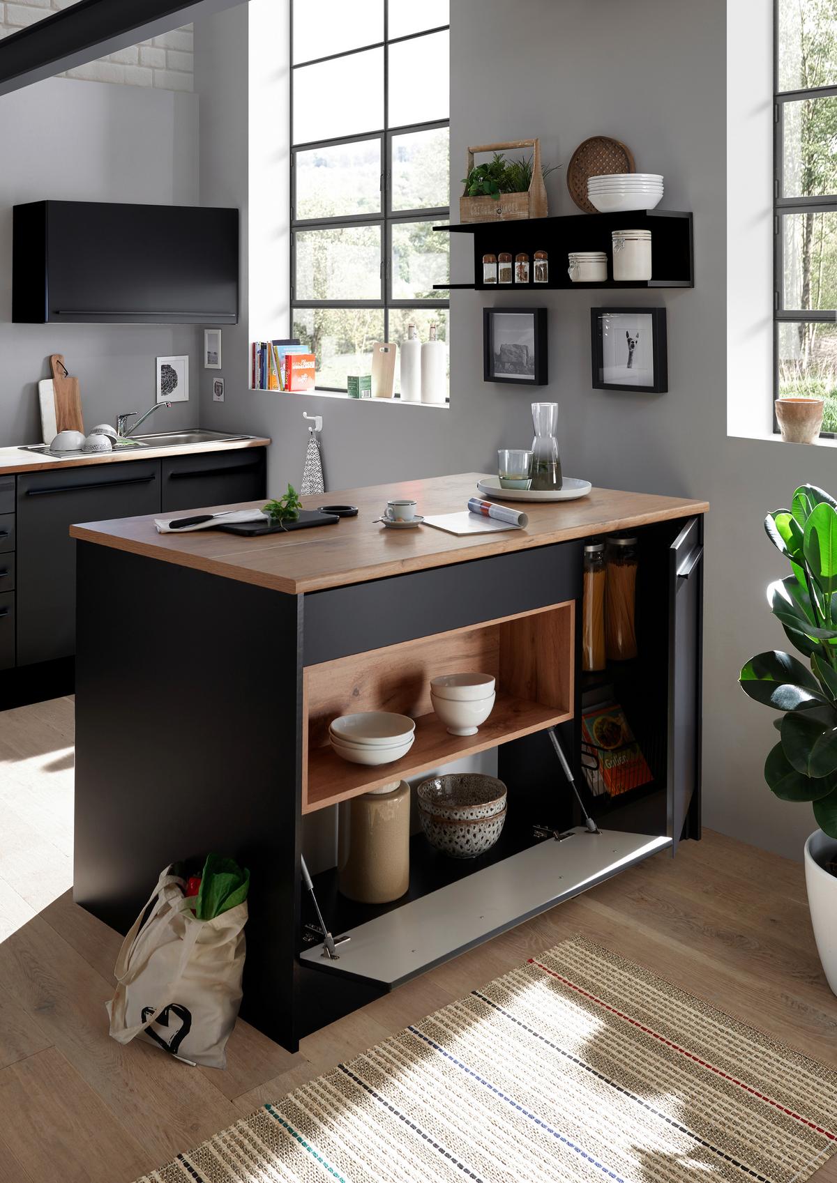 Insulă de bucătărie JAZZ - culoare lemn stejar/negru, Modern, material pe bază de lemn (140/90/90cm) - Modern Living