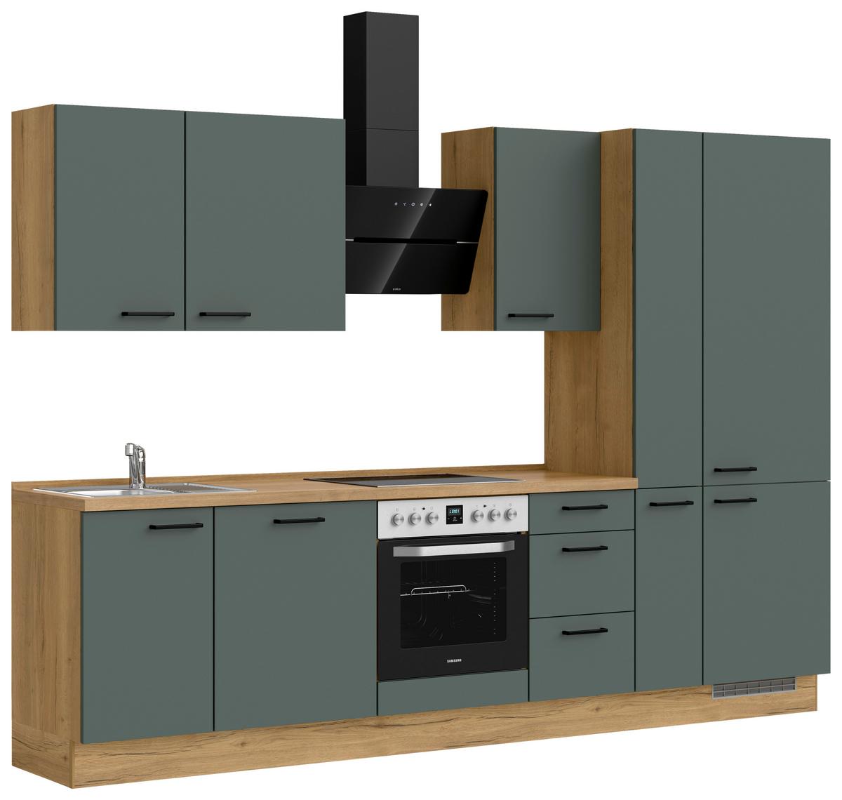 Küchenblock Easytouch High m. Geräten Dunkelgrün - Dunkelgrün/Eichefarben, MODERN, Holzwerkstoff/Metall (300cm) - Nobilia