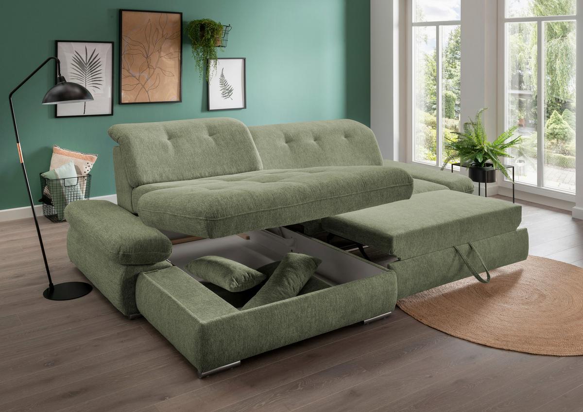 Wohnlandschaft Dalida Grün Chenille - Chromfarben/Grün, Design, Textil/Metall (196/300cm) - Livetastic