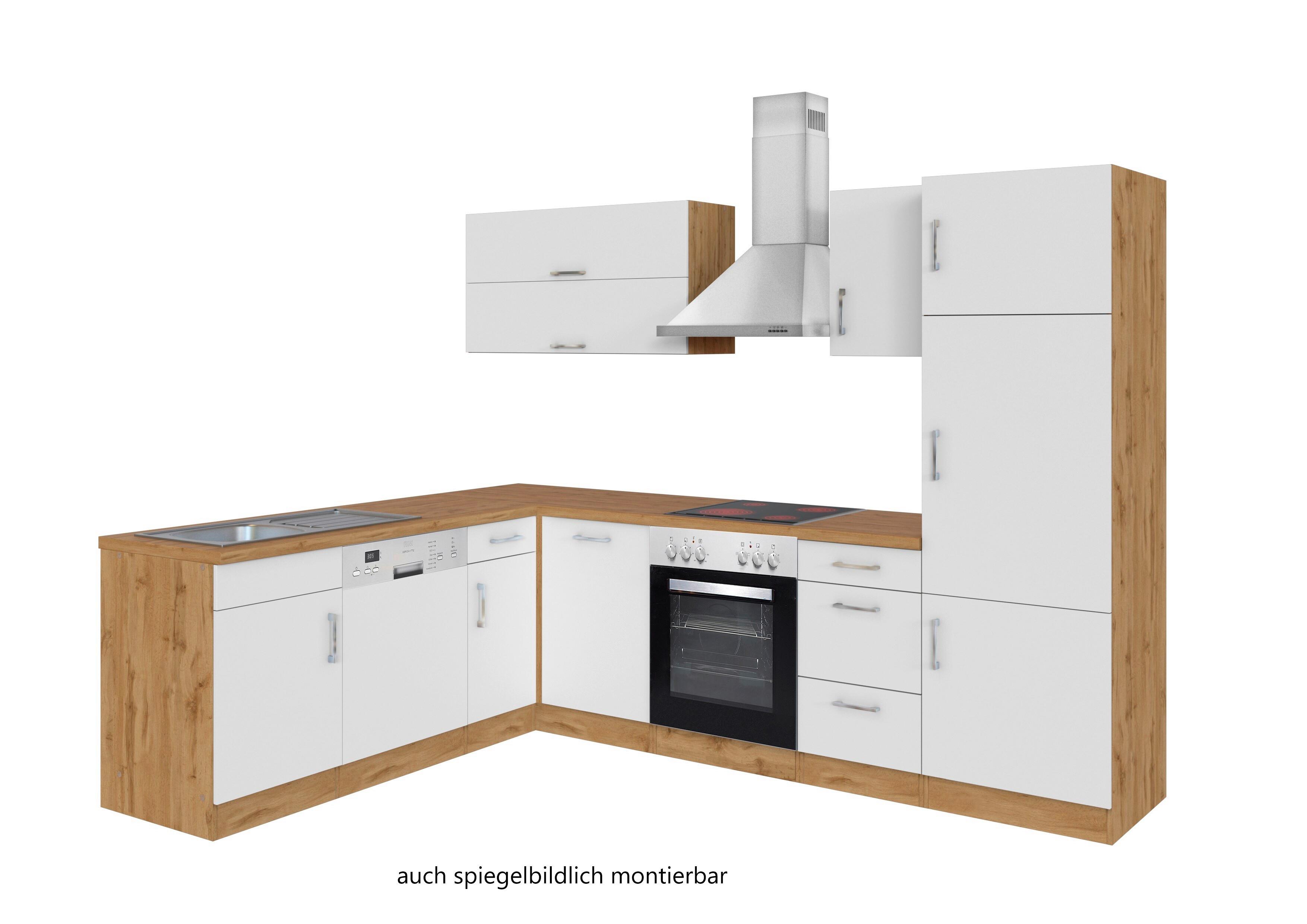 Eckküche Winkelblock mit Geräten ca. 210x270 cm Weiß - Chromfarben/Eiche Wotan, MODERN, Holzwerkstoff/Metall (210/270cm) - Held