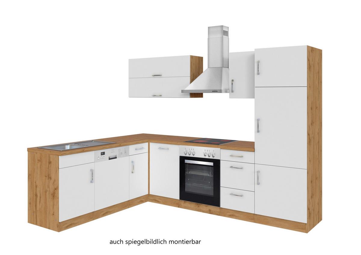 Eckküche Winkelblock mit Geräten ca. 210x270 cm Weiß - Chromfarben/Eiche Wotan, MODERN, Holzwerkstoff/Metall (210/270cm) - Held