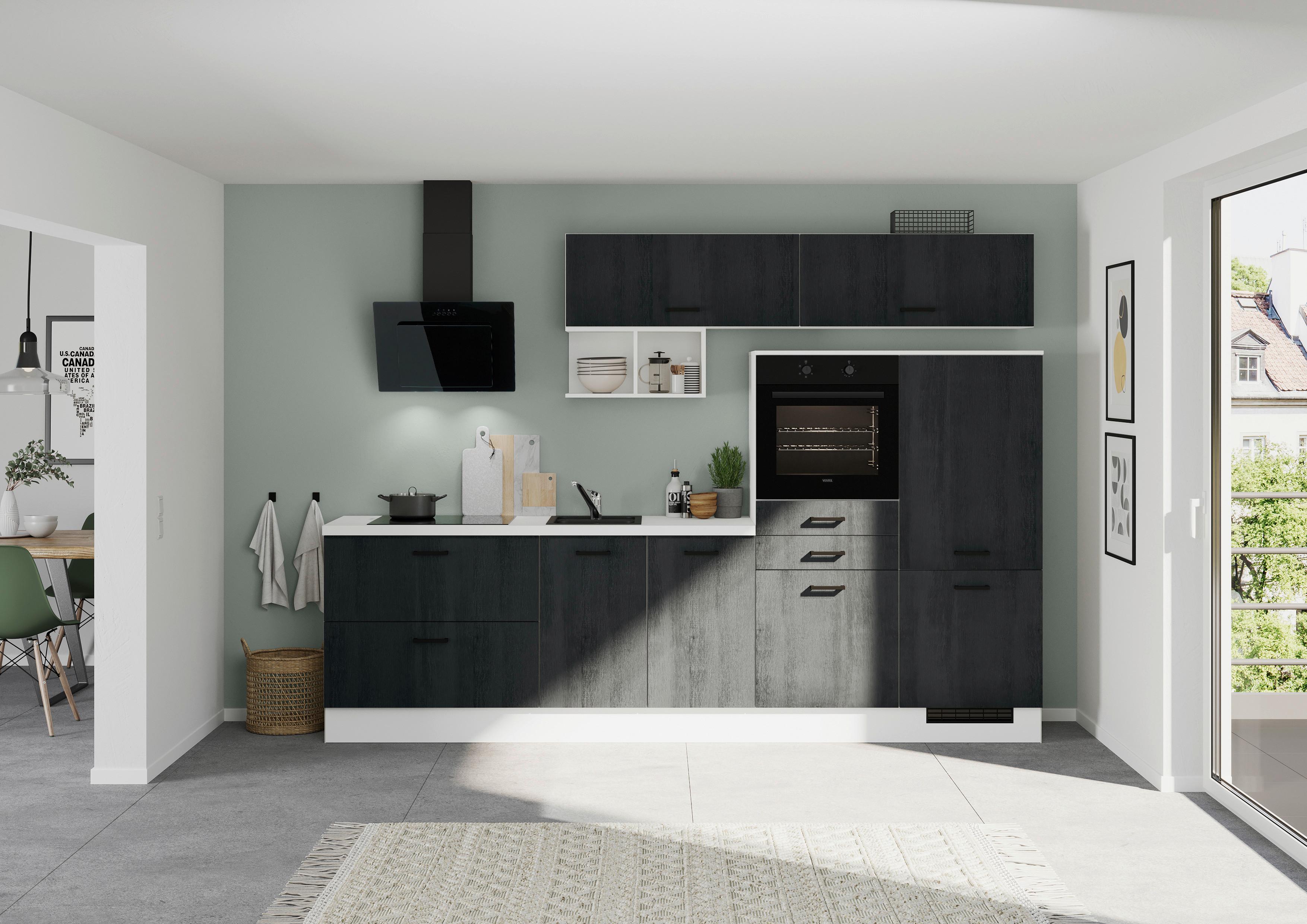 Küchenblock IBZ ohne Geräte ca.300cm Schwarz/Weiß - Eiche dunkel/Schwarz, Design, Holzwerkstoff/Metall (300cm) - Impuls