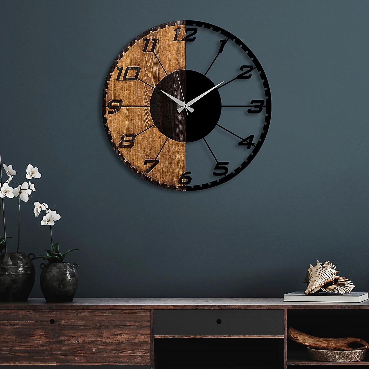 ZEGAR ŚCIENNY LINEAR - czarny/kolor orzecha włoskiego, Lifestyle, metal (56/56/3cm)