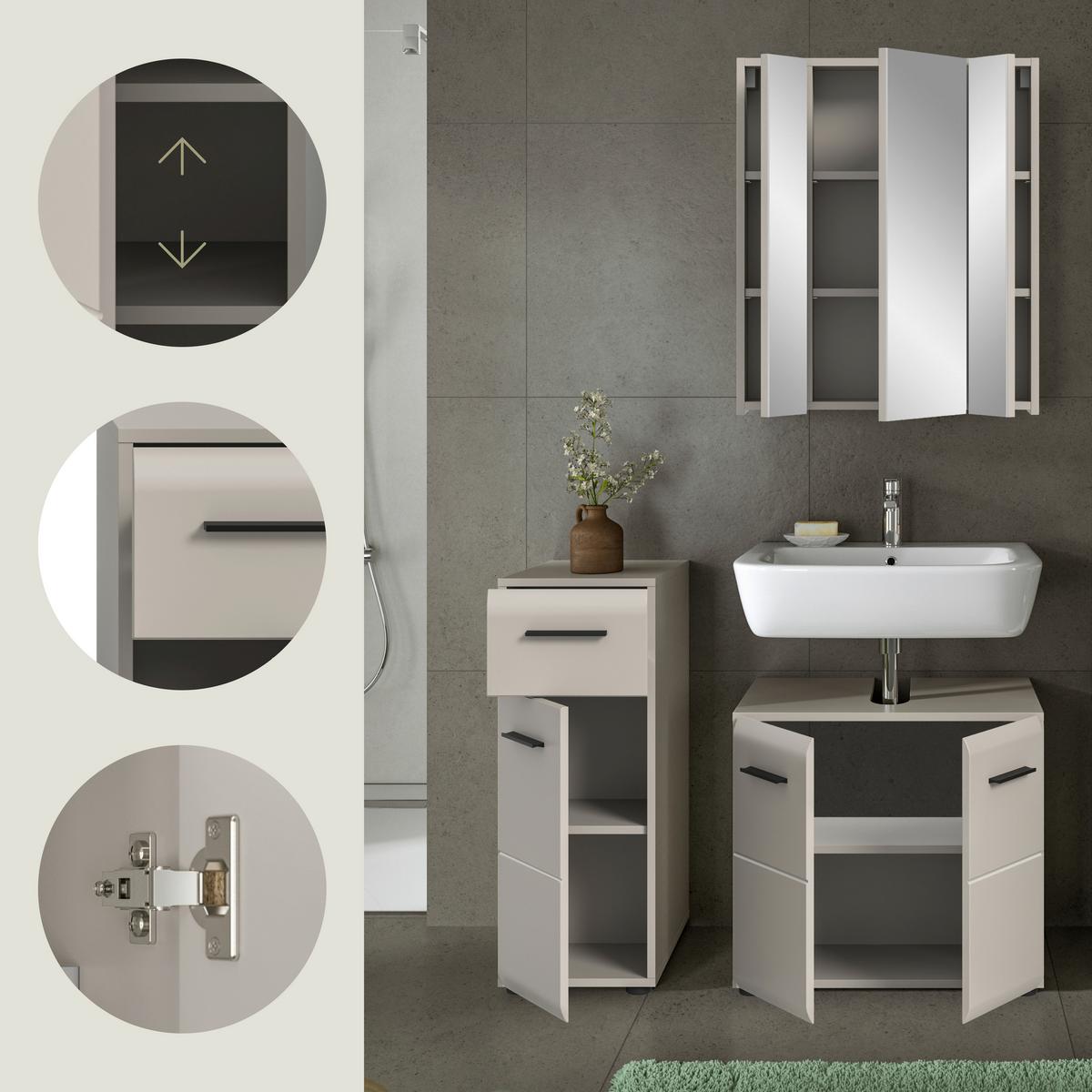 Badezimmer Ice Kaschmir 3-teilig - Kaschmir/Schwarz, Trend, Glas/Holzwerkstoff (90cm) - MID.YOU