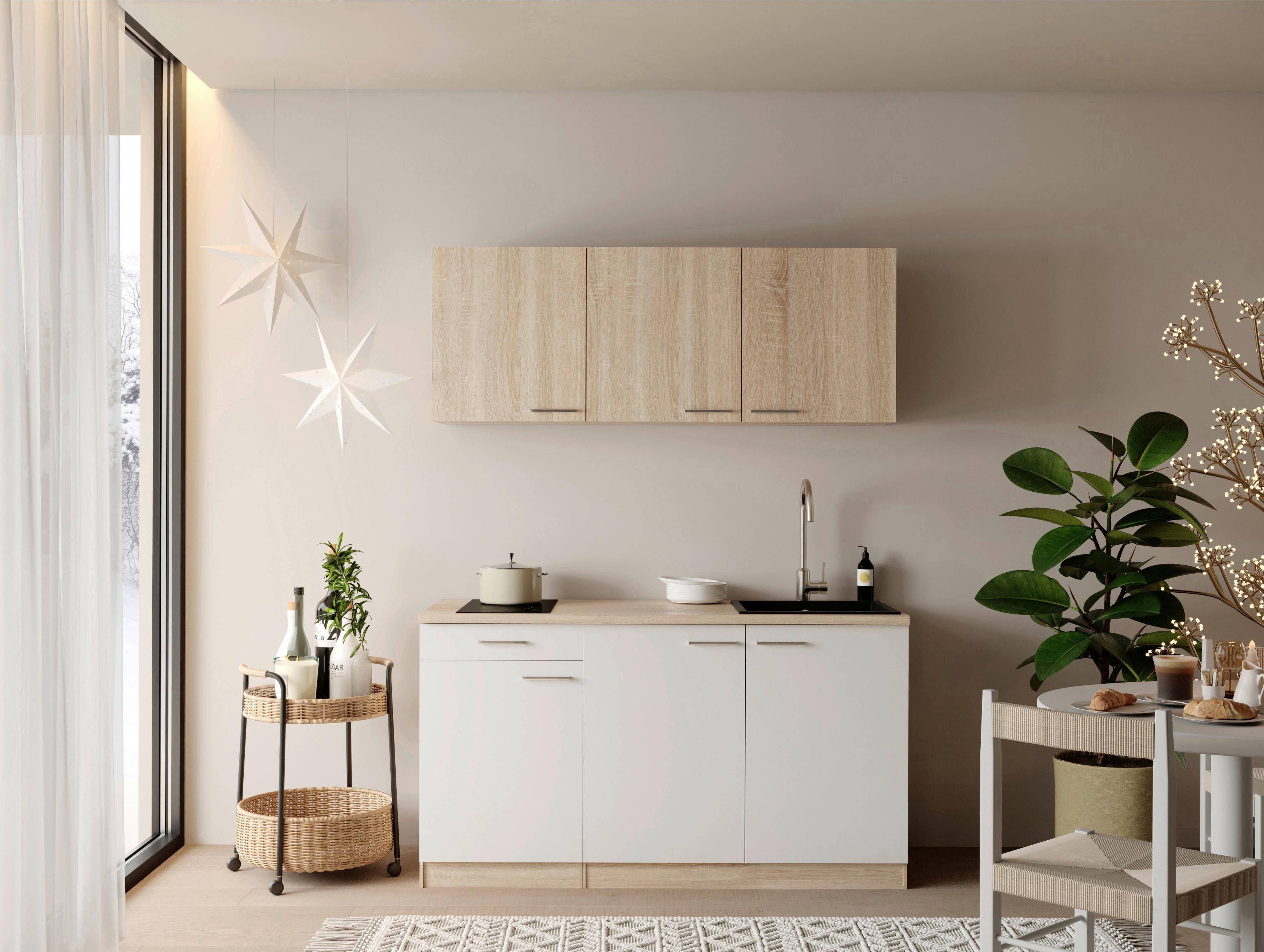 Miniküche Ingrid m. Gerät ca. 150cm Weiß - Eichefarben/Alufarben, Design, Holzwerkstoff/Kunststoff (150cm) - Respekta