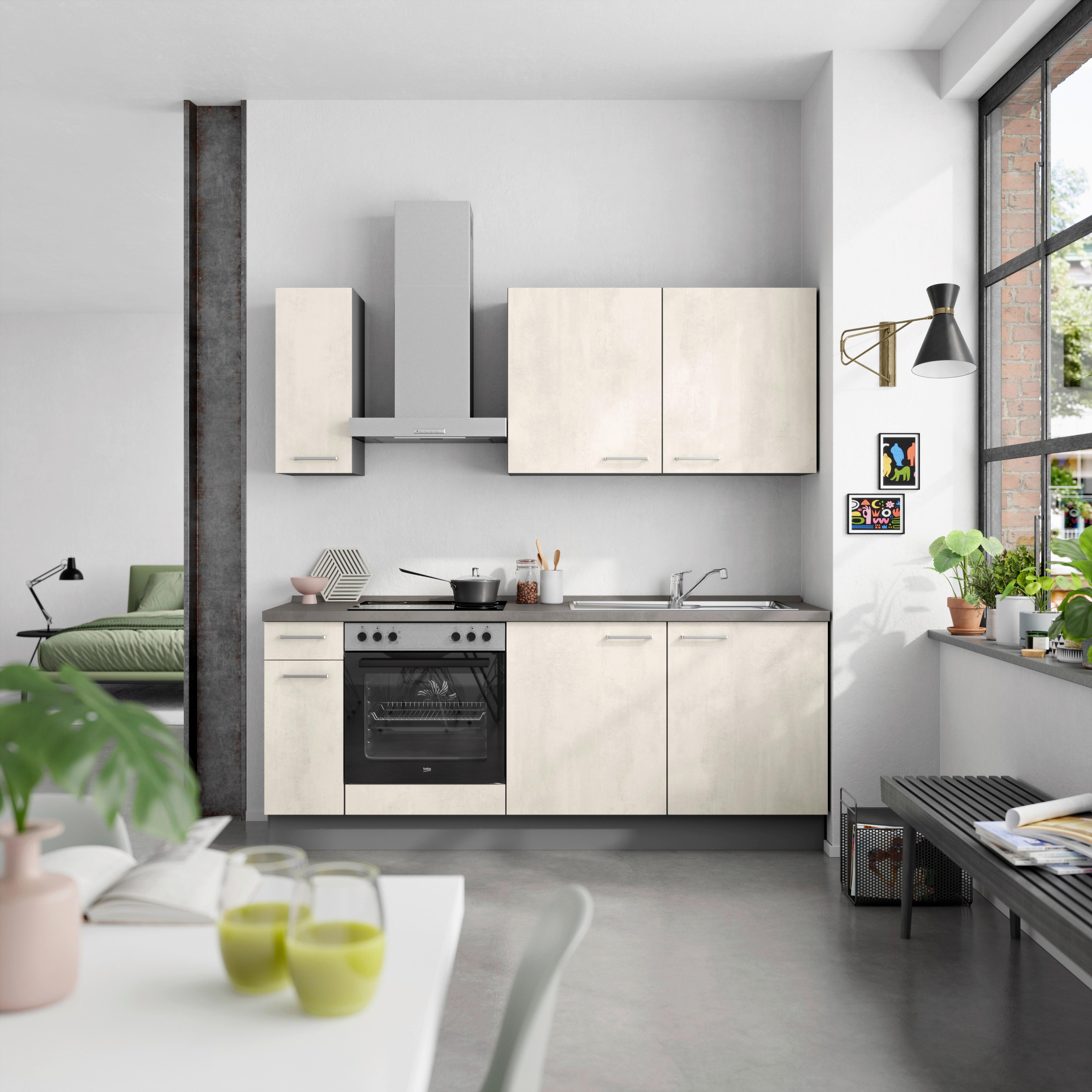 Küchenblock Riva Low m. Geräten Weiß - Schieferfarben/Edelstahlfarben, MODERN, Holzwerkstoff/Metall (210cm) - Nobilia