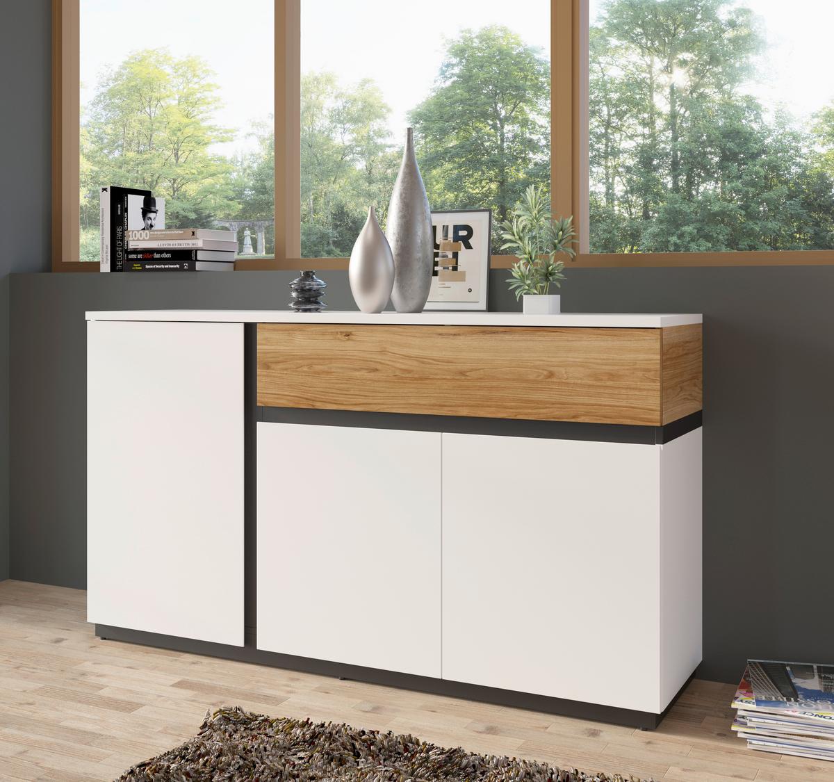 Komoda Novena - bijela/boje hrasta, Trend, drvni materijal/plastika (155/87/40cm) - Modern Living