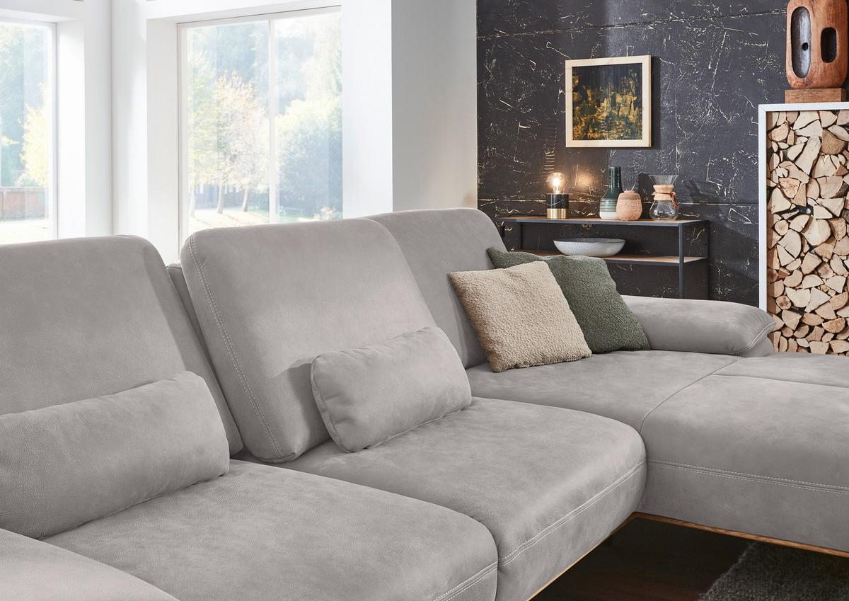 Wohnlandschaft Erling Hellgrau - Beige/Hellgrau, MODERN, Leder/Metall (322/89/187cm) - Premium Living