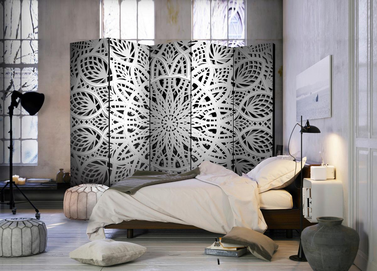Paravan White Mandala I, 5-Delni, Dvostranski - črna/bela, Basics, tekstil/les (225/172/3cm) - artgeist