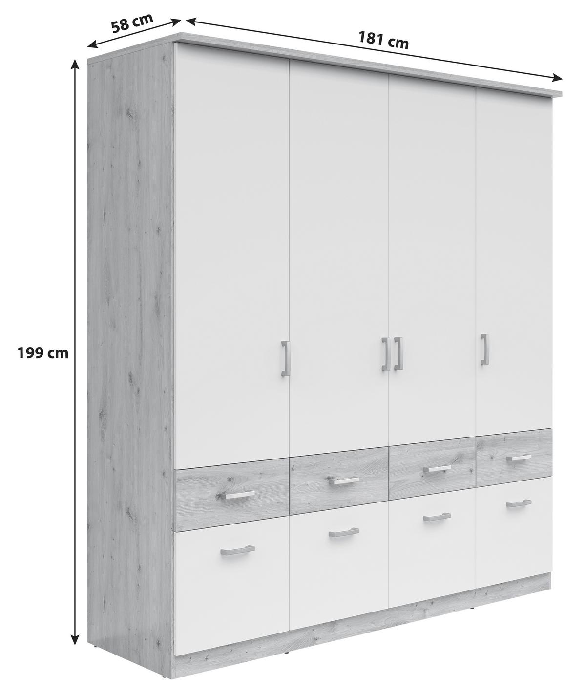 Omara Za Oblačila Brando, Bela, Hrast, Š. 181 Cm - srebrne barve/bela, Konvencionalno, umetna masa/leseni material (181/199/58cm)