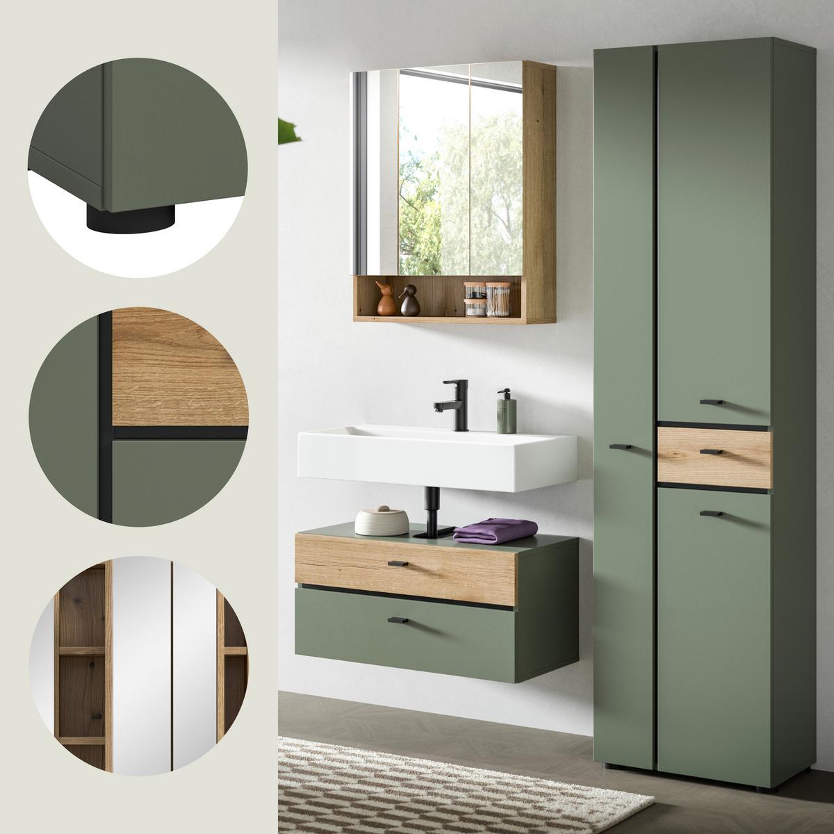 Badezimmer AQUA Grün, Eichefarben 3-teilig - Eichefarben/Schwarz, Trend, Glas/Holzwerkstoff (126cm) - MID.YOU