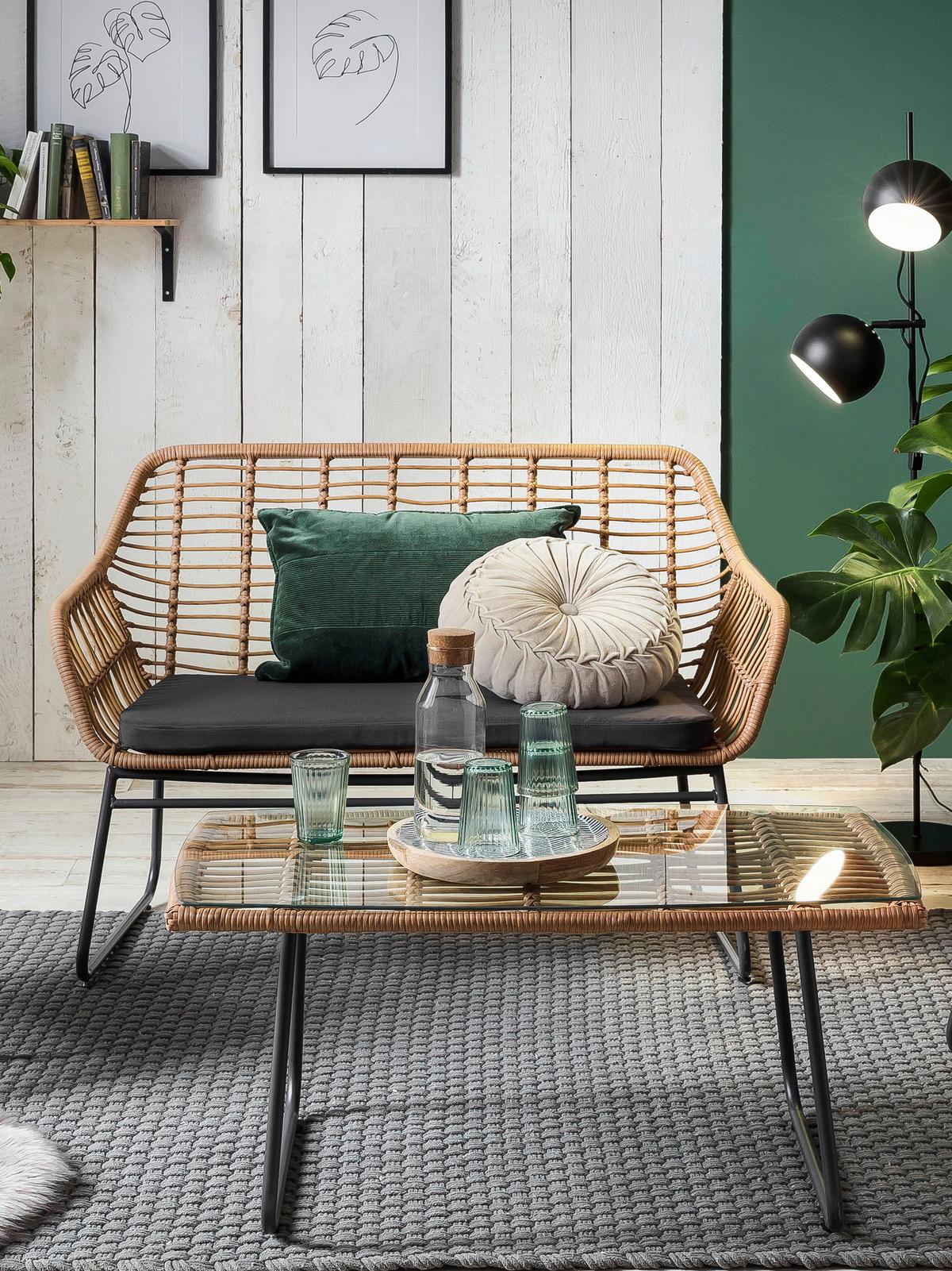 Gartenset 4-tlg. Naturfarben/Grau/Schwarz - Klar/Schwarz, Design, Glas/Kunststoff - Gardenson