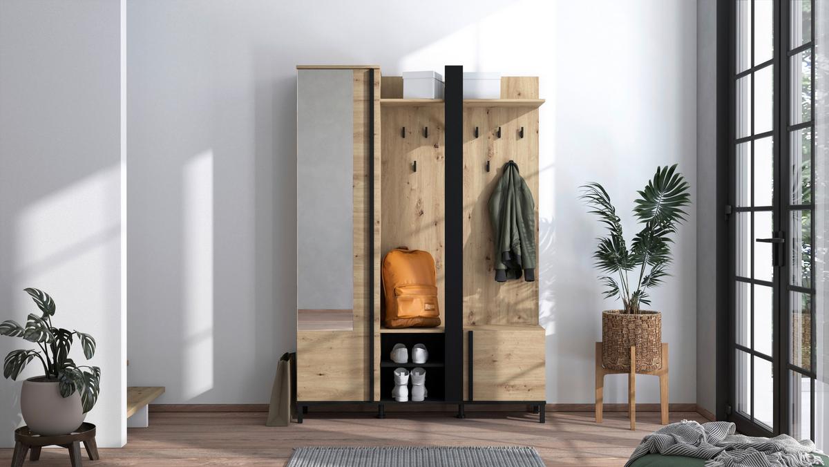 Előszobafal Nino - fekete/Artisan tölgy, Basics, faalapú anyag (134,5/192,5/34,5cm) - Carryhome