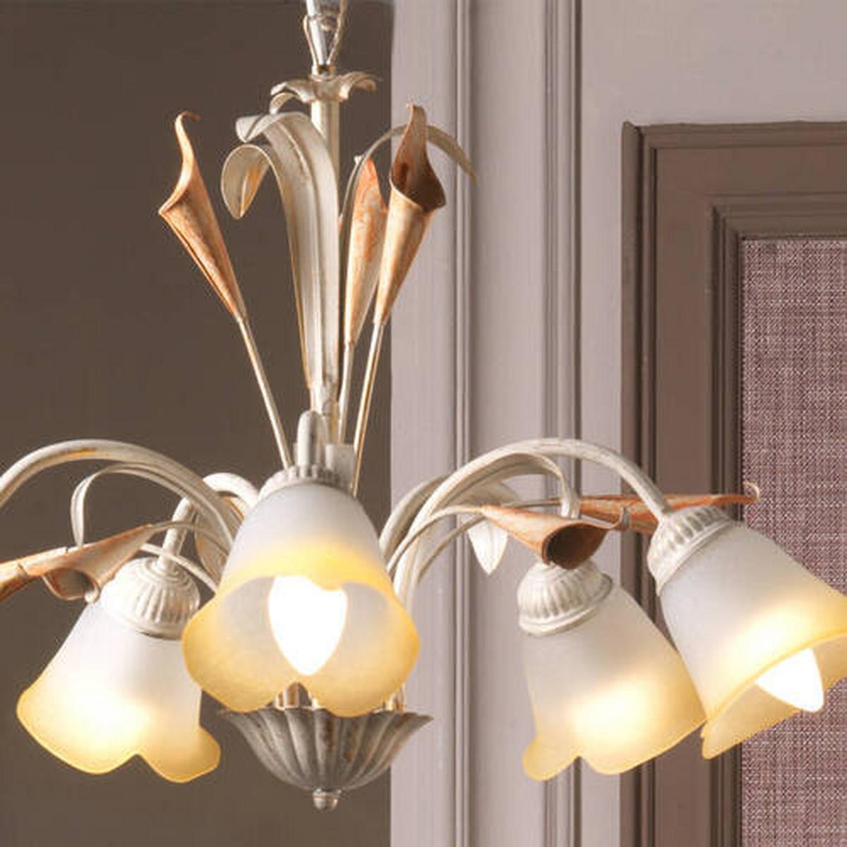Kronleuchter Lucrezia Avorio Weiß max. 6 Watt - Weiß, Natur, Glas/Metall (70/100cm)