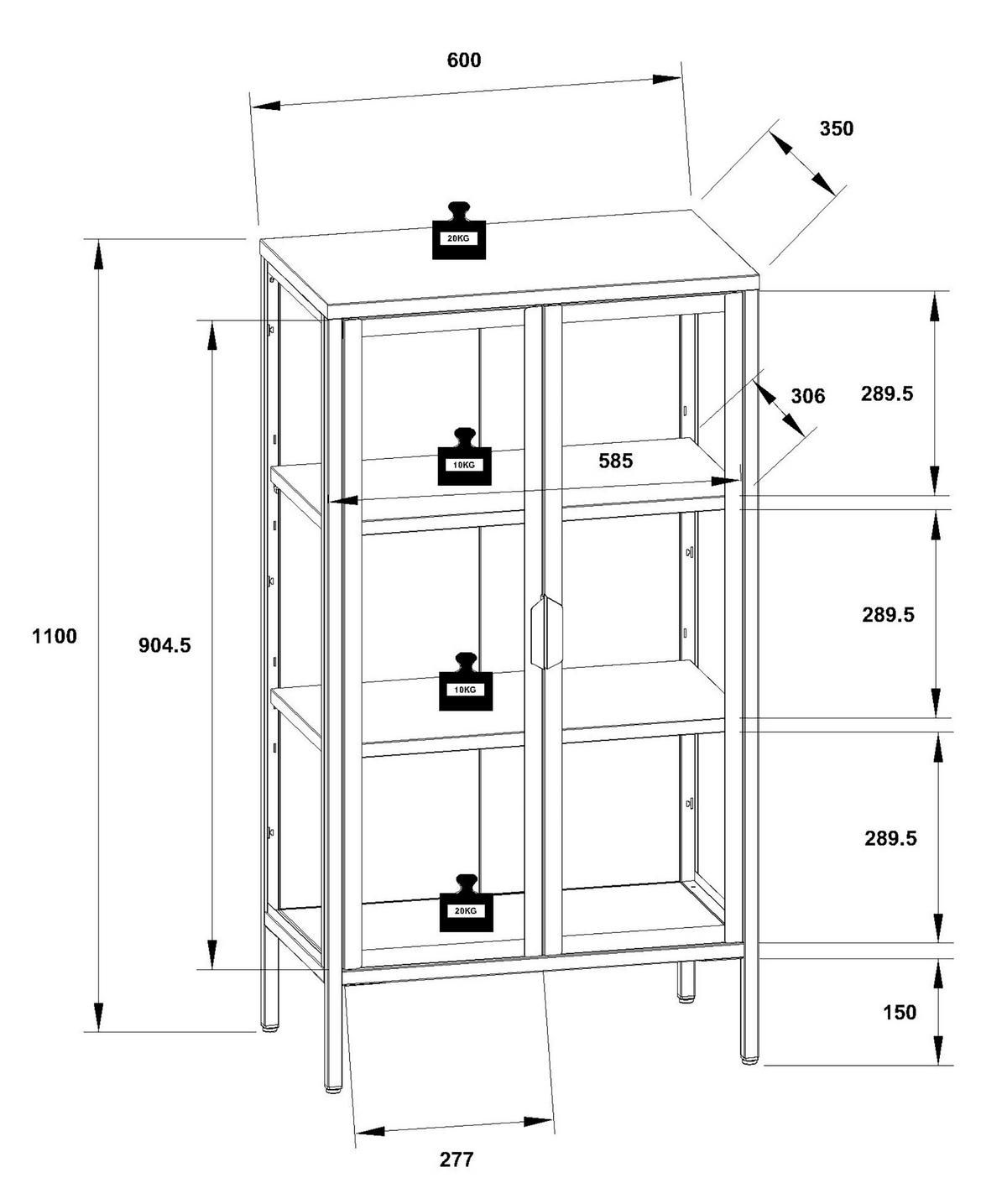 Vitrina Floka M, Bela - bela/prosojno, Design, kovina/steklo (60/110/35cm) - MID.YOU