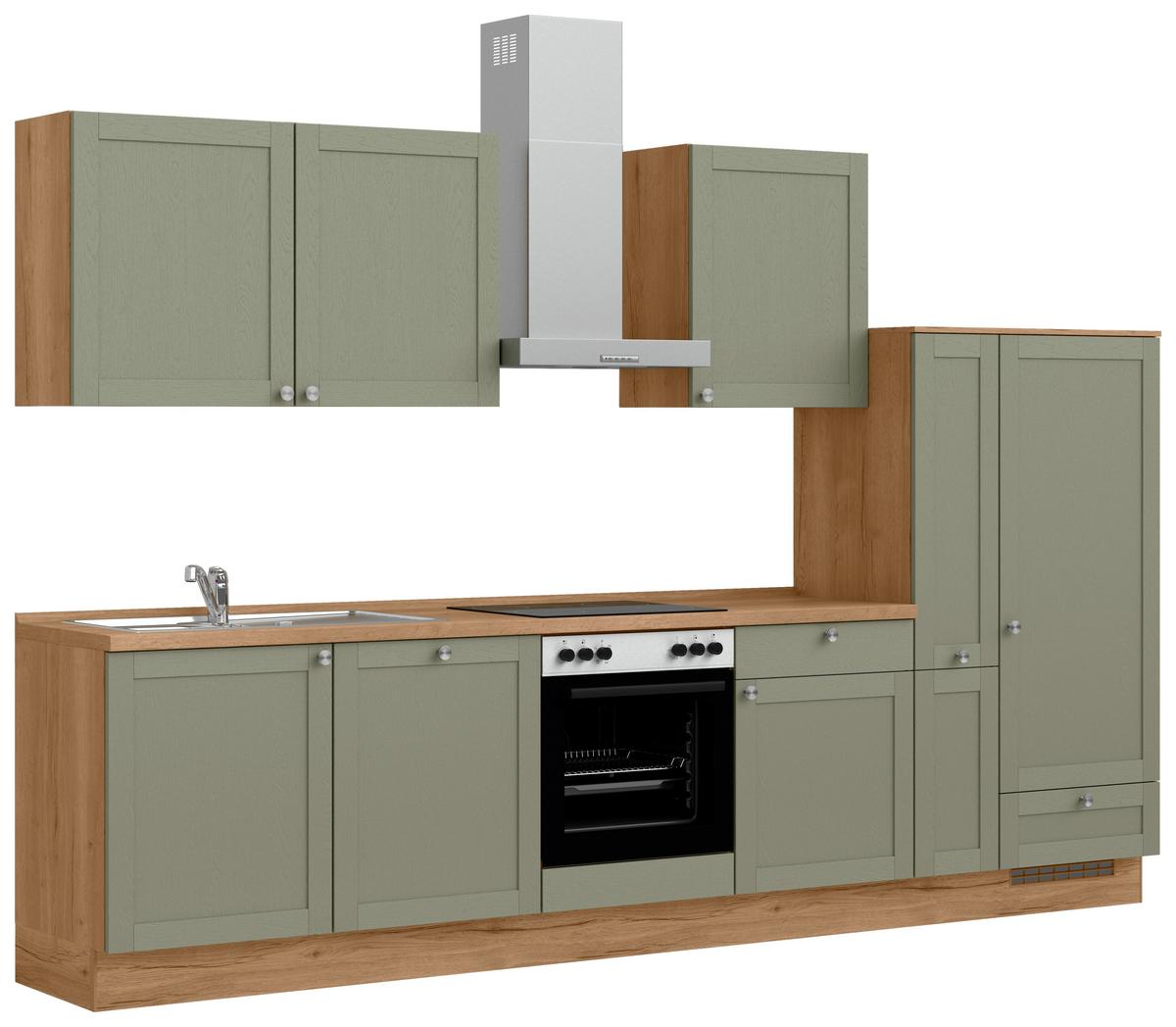 Küchenleerblock Frame Low o. Geräte Olivgrün - Edelstahlfarben/Eichefarben, MODERN, Holzwerkstoff/Metall (330cm) - Nobilia