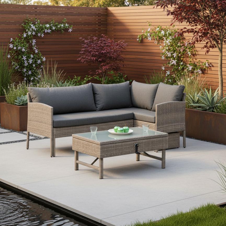 Loungegarnitur "Viletta" in Steinbeige - Beige, MODERN, Glas/Kunststoff (190/113cm) - Gardenson