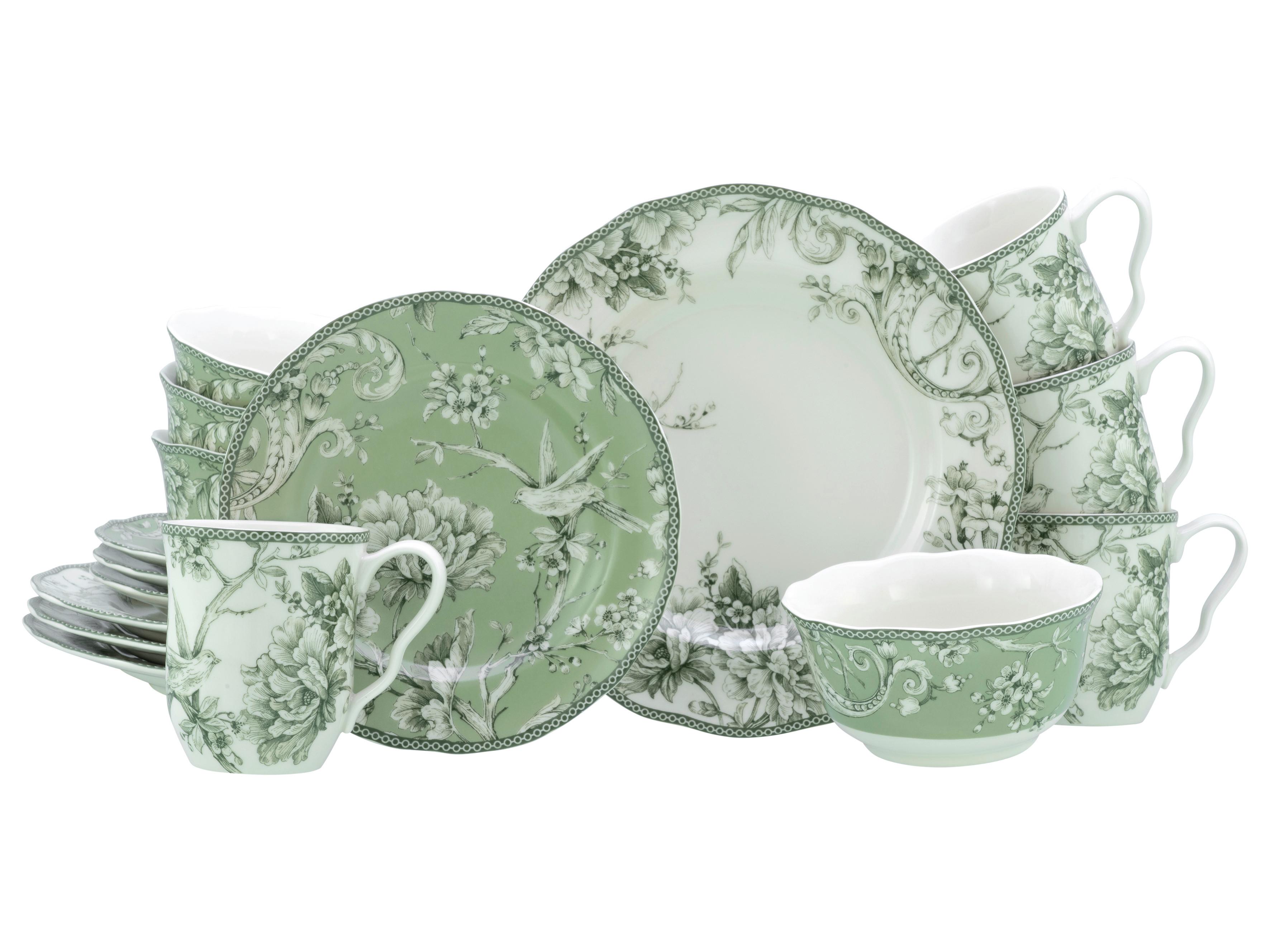 Serviciu de masă Adelaide 16/1 - alb/verde, Basics, ceramică - Creatable