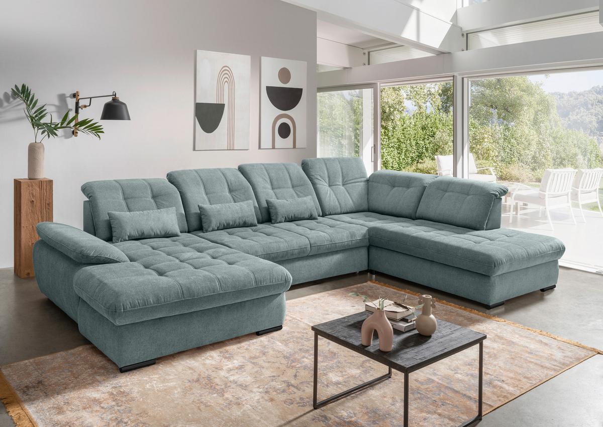 Wohnlandschaft Rigatti Blau Chenille mit Bettkasten - Blau/Schwarz, MODERN, Textil/Metall (184/387/252cm) - Livetastic