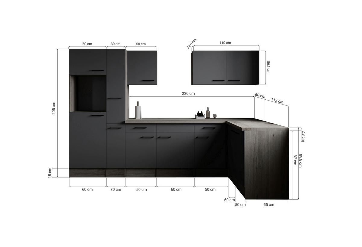 Kotna Kuhinja Brez Aparatov Oliver, 310x172cm - črna/siva, Design, kovina/leseni material (310/172cm) - Respekta