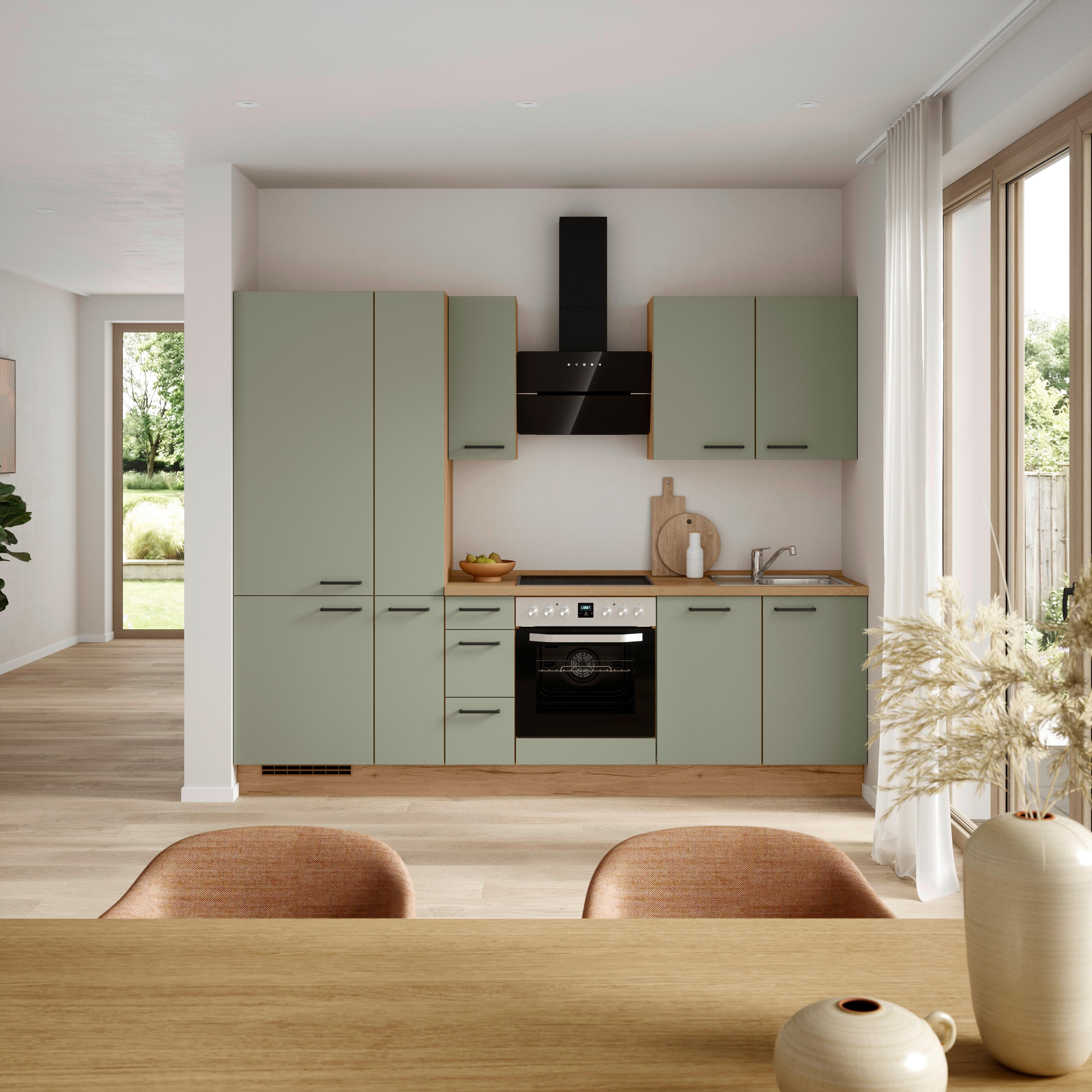Küchenleerblock Senso High o. Geräte Olivgrün - Eichefarben/Schwarz, ROMANTIK / LANDHAUS, Holzwerkstoff/Metall (270cm) - Nobilia