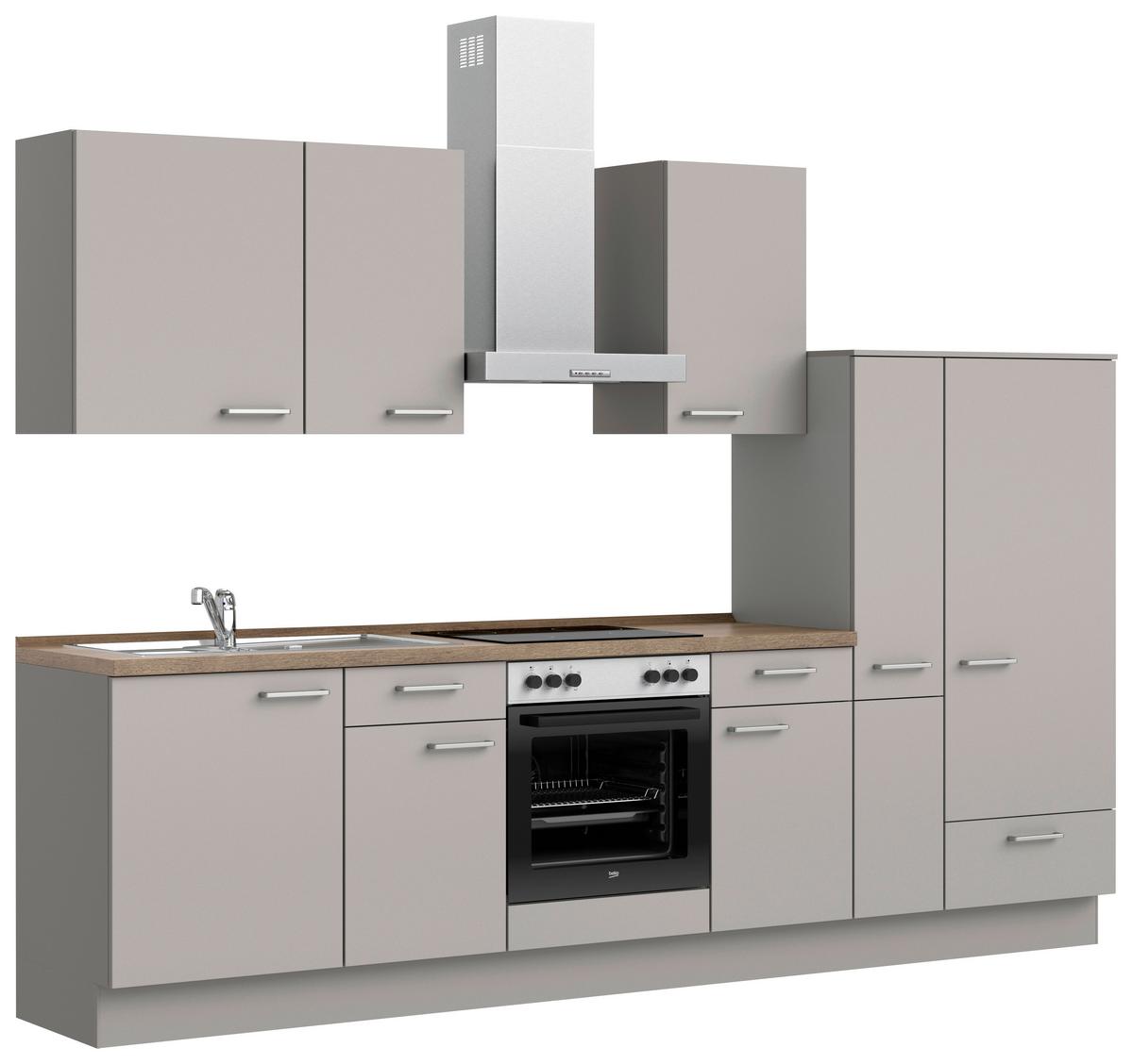 Küchenblock Touch Low m. Geräten Grau - Eiche dunkel/Edelstahlfarben, MODERN, Holzwerkstoff/Metall (300cm) - Nobilia