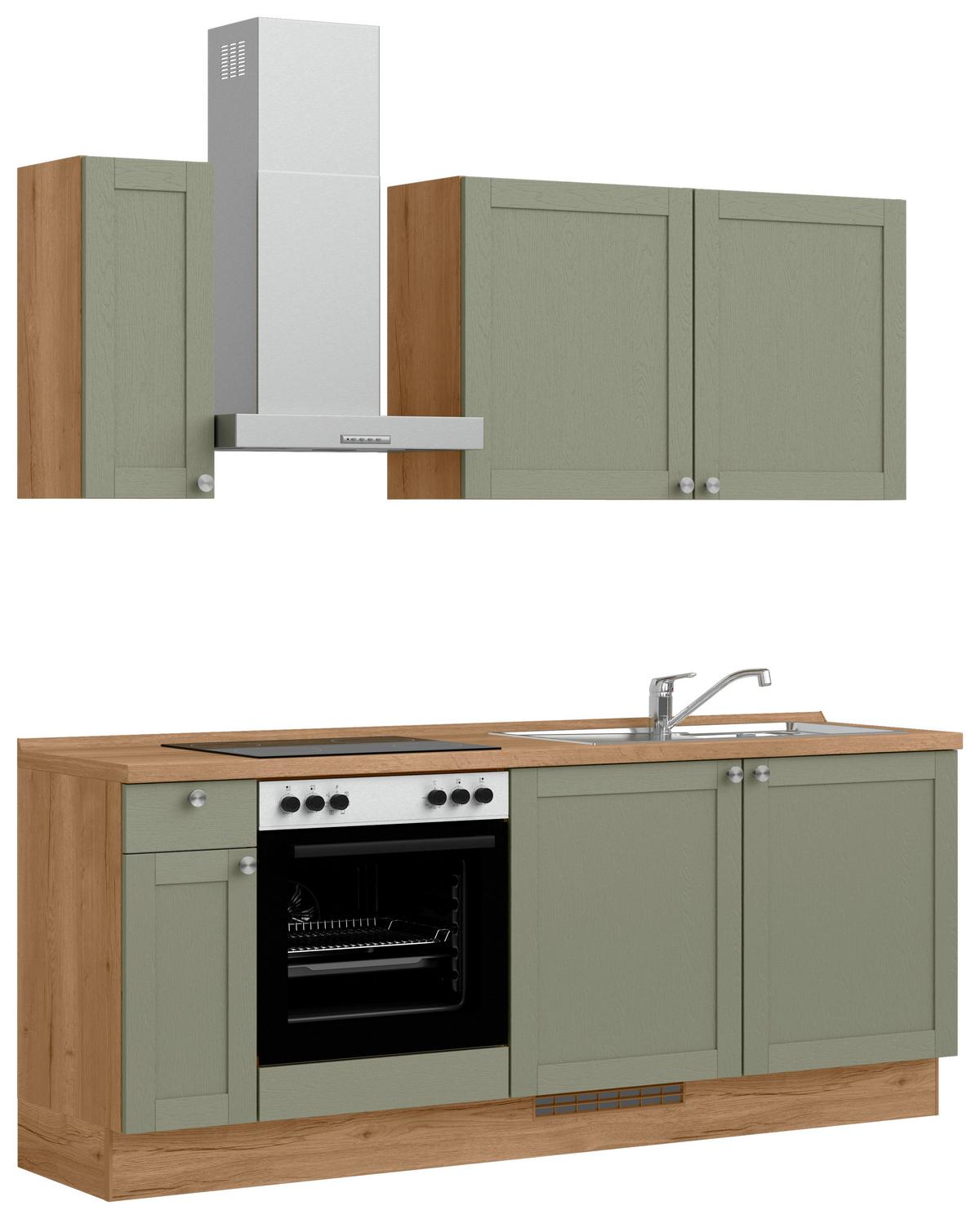 Küchenleerblock Frame Low o. Geräte Olivgrün - Edelstahlfarben/Eichefarben, MODERN, Holzwerkstoff/Metall (210cm) - Nobilia