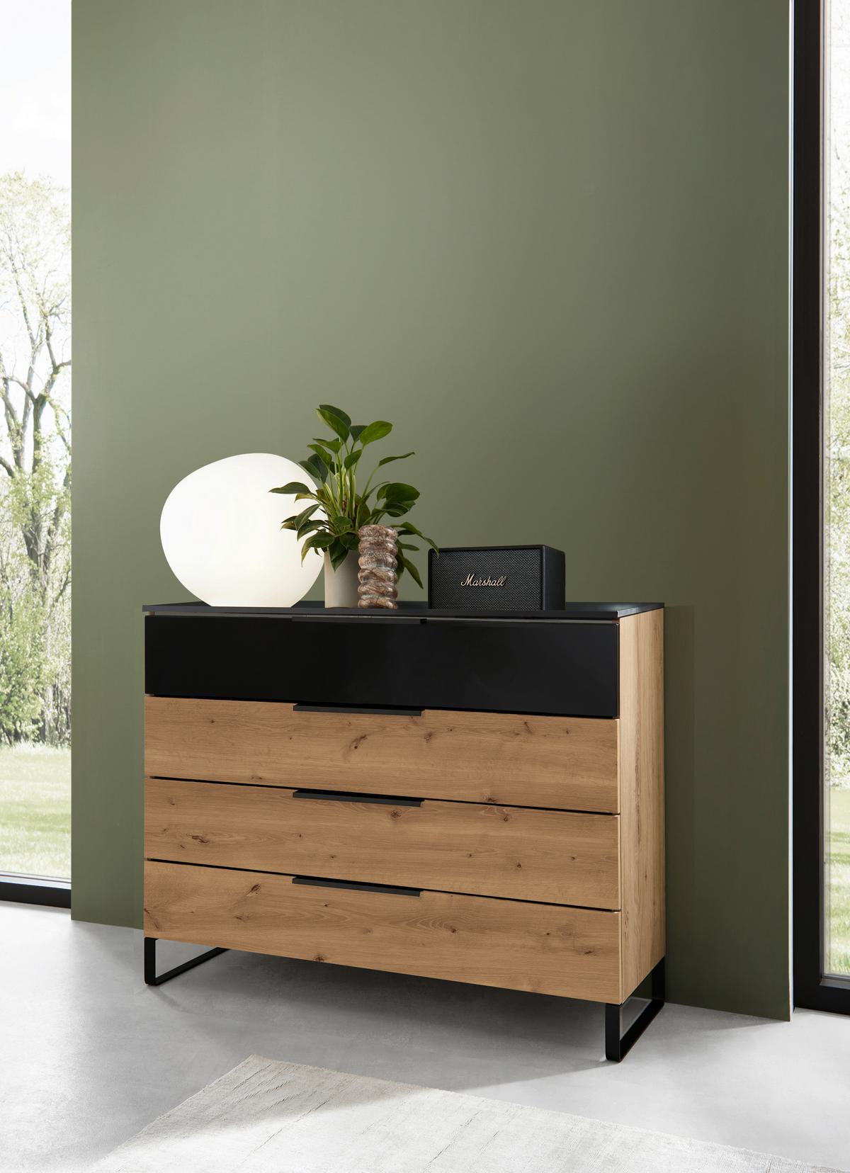 Komoda Mera, Barva Hrasta, Črna - črna/barve hrasta, Design, kovina/steklo (120/91/42cm) - Dieter Knoll