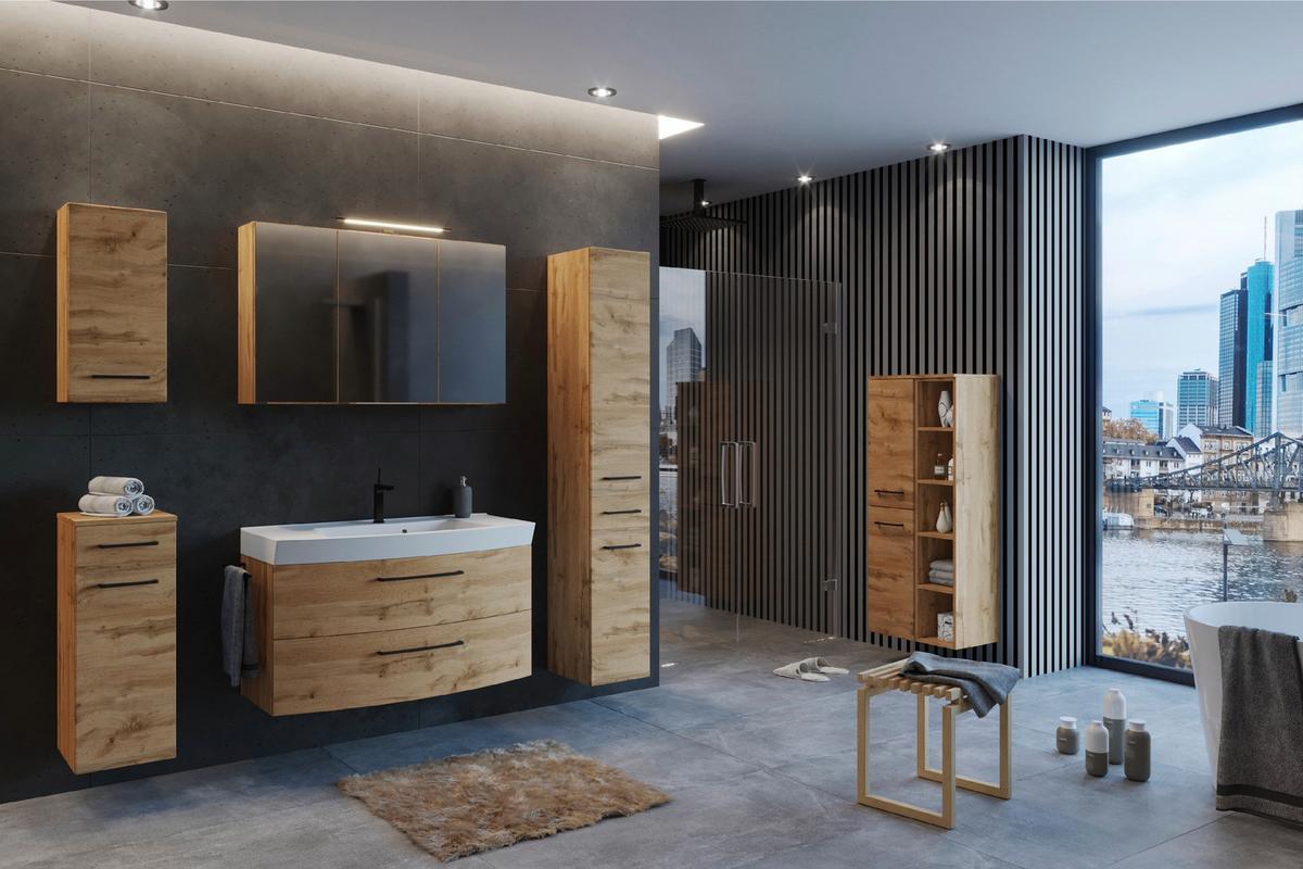 Waschtischkombi ''Manchester'', Eichefarben - Eichefarben/Schwarz, MODERN, Keramik/Holzwerkstoff (100cm) - Held