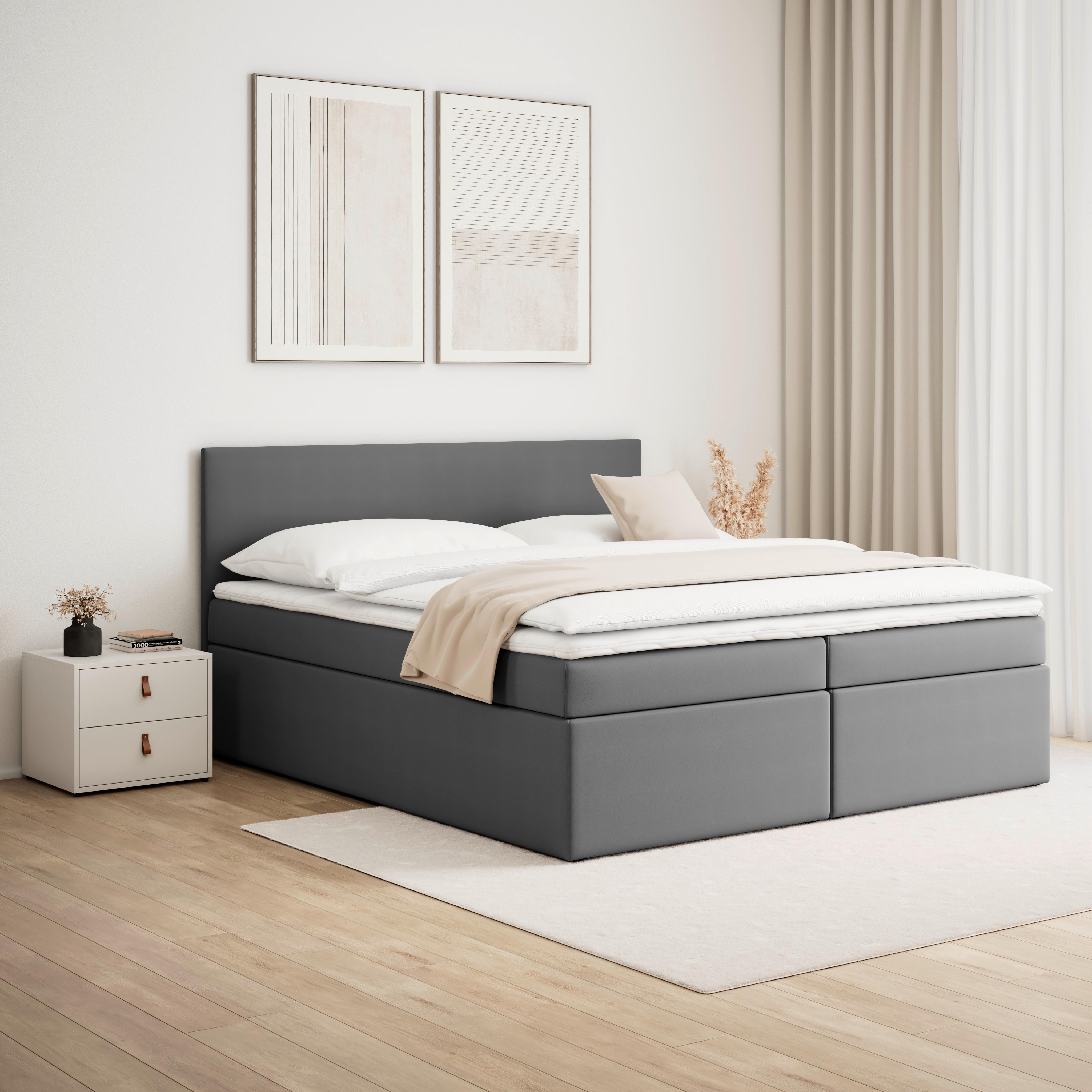 Boxbett Lucy ca. 180x200 cm Grau mit Topper - Anthrazit/Grau, MODERN, Holz/Holzwerkstoff (180/200cm) - Bessagi Home