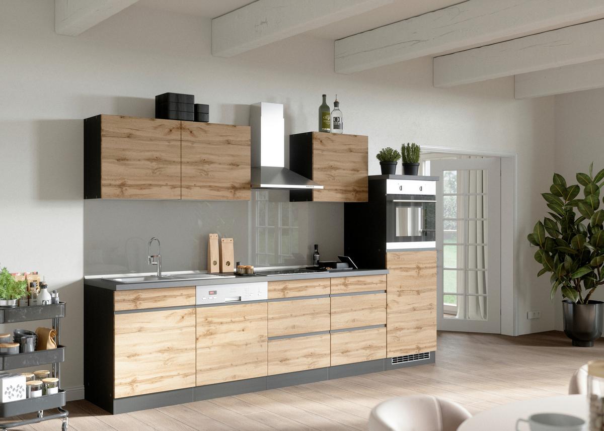 Küchenzeile Turin ohne Geräte ca. 300 cm Graphit/Eiche - Eiche Wotan/Graphitfarben, Design, Holzwerkstoff (300cm) - Held