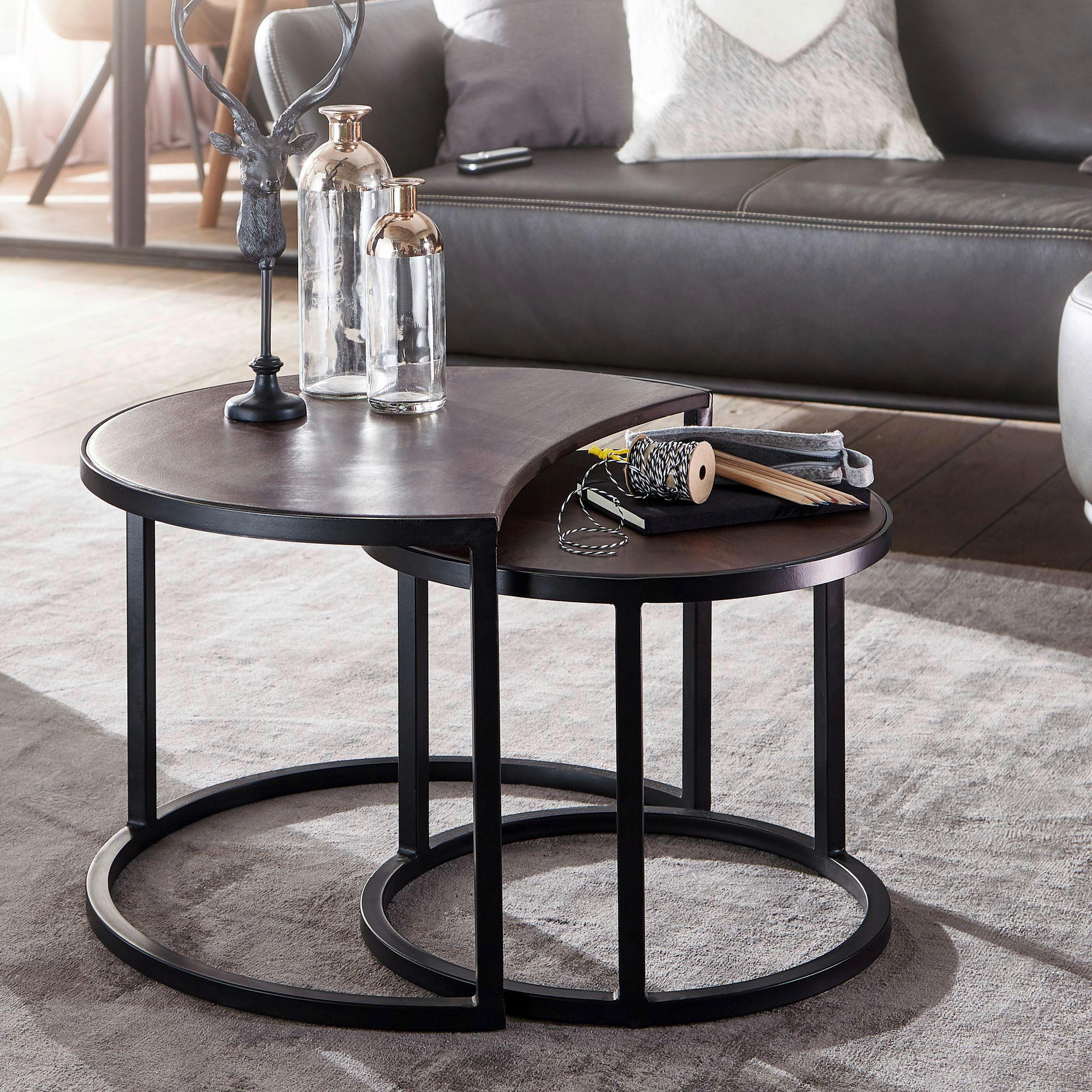Couchtisch Wohnling in Dunkelbraun Massiv Rund 2-tlg. - Dunkelbraun/Schwarz, MODERN, Holz/Metall (41/60/41cm) - MID.YOU