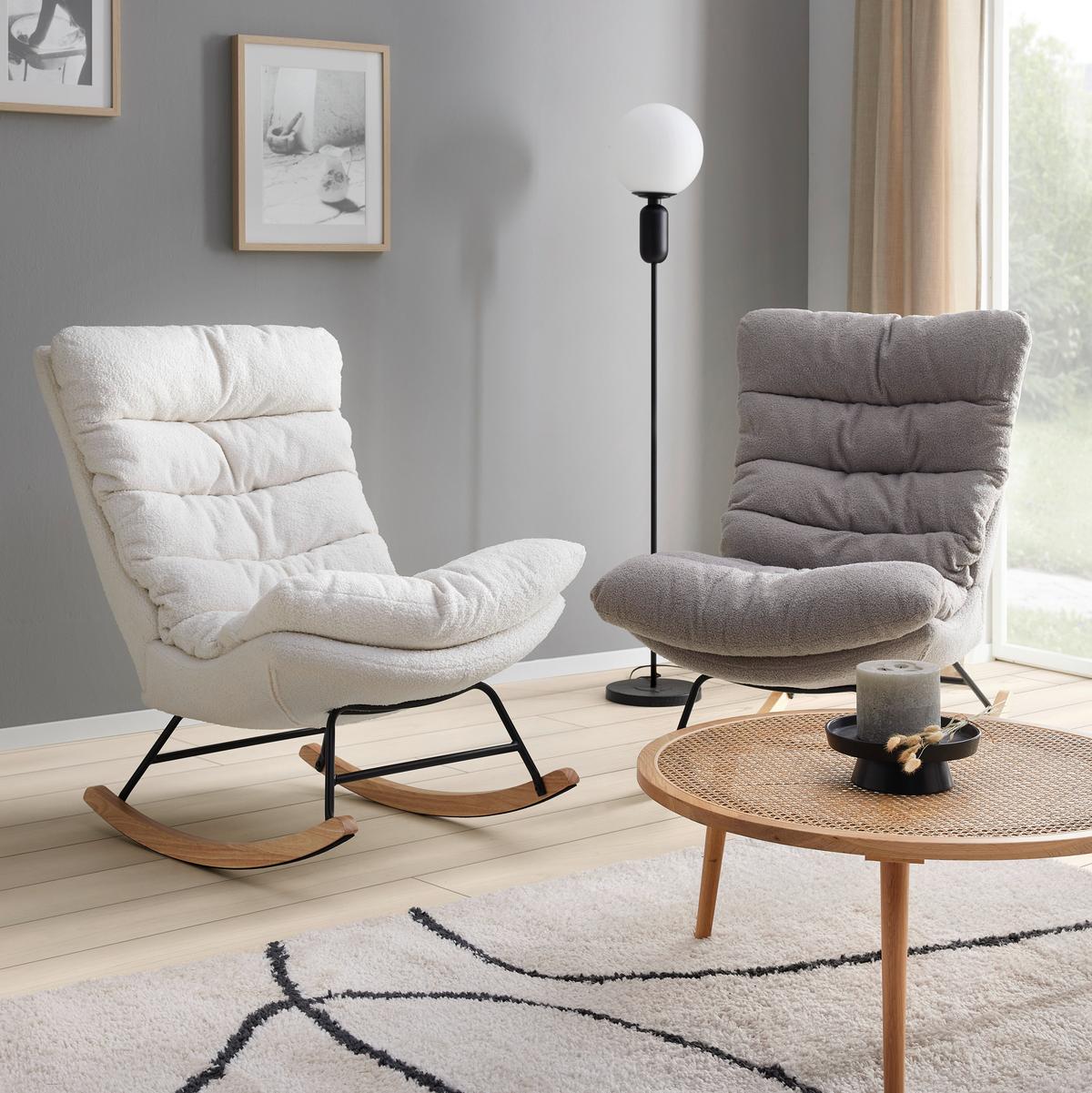 Schaukelsessel Devin Weiß Webstoff - Weiß/Naturfarben, MODERN, Holz/Textil (71/100/103cm) - Bessagi Home