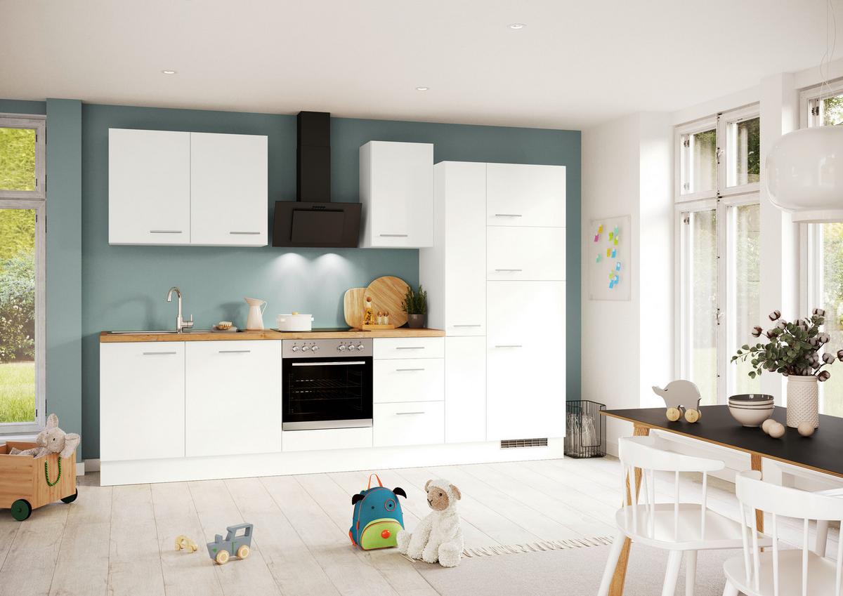 Küchenblock IBZ ohne Geräte ca. 310 cm Weiß - Edelstahlfarben/Eichefarben, Design, Holzwerkstoff/Metall (310cm) - Impuls