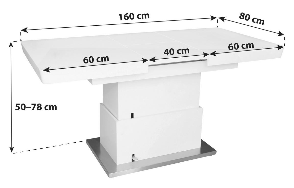 Klubska Miza Manchester, Bela, Raztegljiva, Nastavljiva - barve nerjavečega jekla/bela, Moderno, kovina/leseni material (120-160/50-78/80cm)