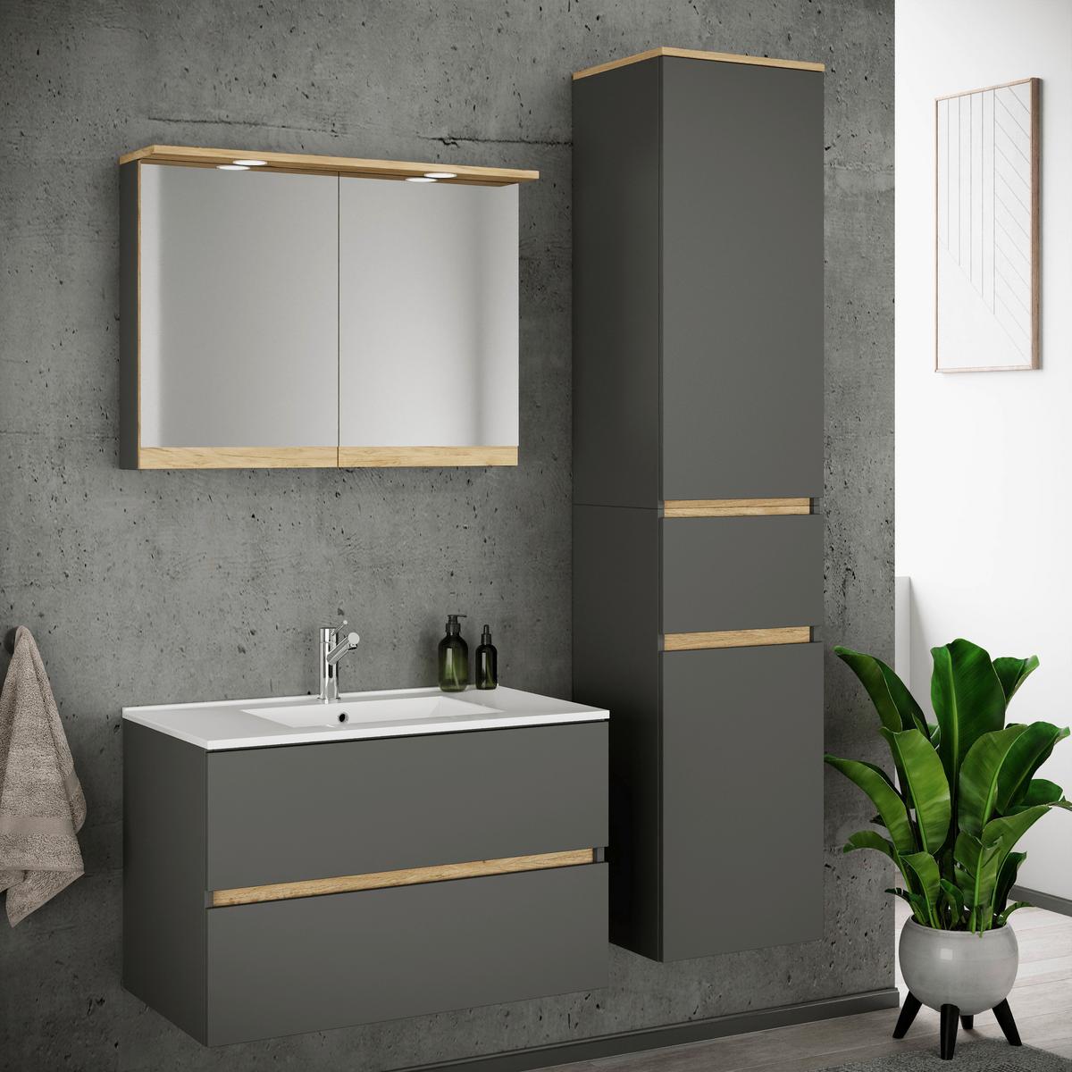 Badezimmer Cosila - Honigeiche/Weiss, Trend, Keramik/Holzwerkstoff (121cm) - MID.YOU
