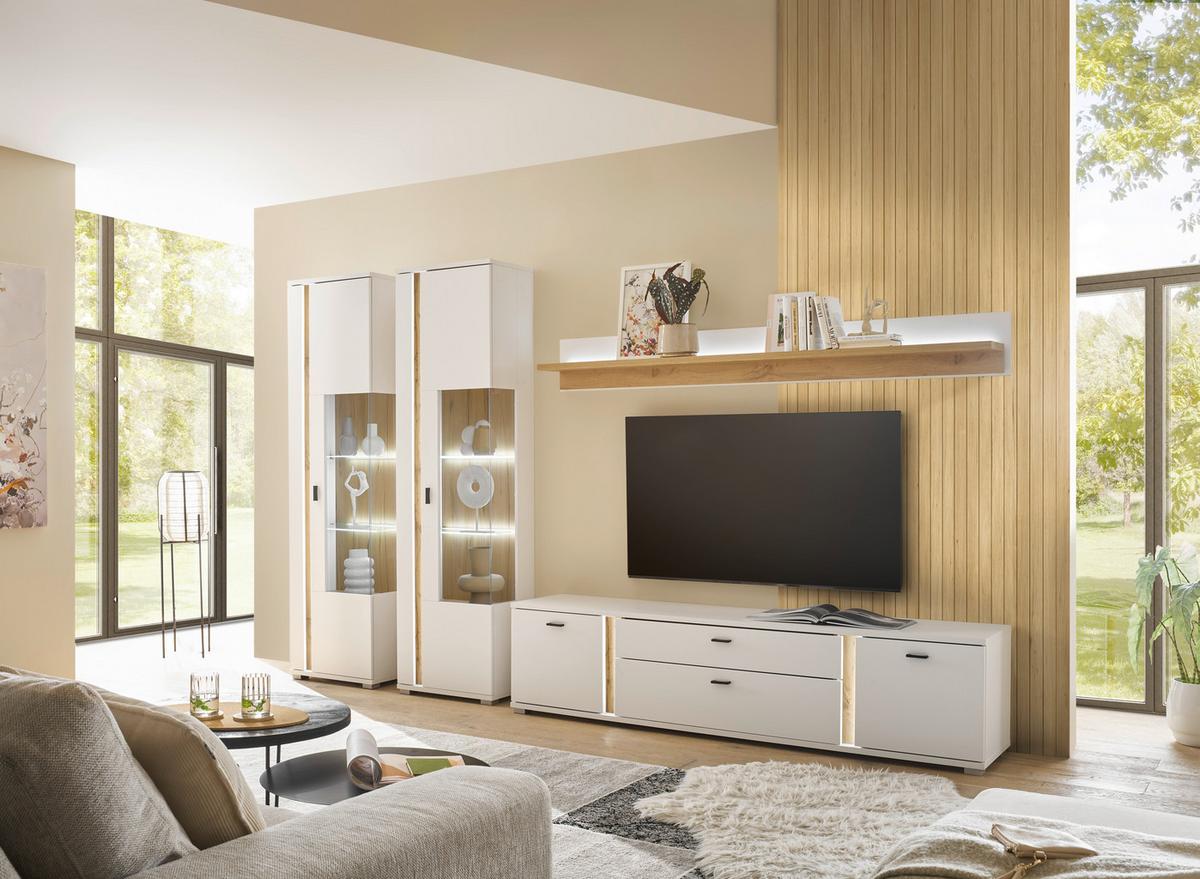 WOHNWAND LONG ISLAND - Eiche Wotan/Silberfarben, Design, Glas/Holzwerkstoff (330/200/42cm) - MID.YOU