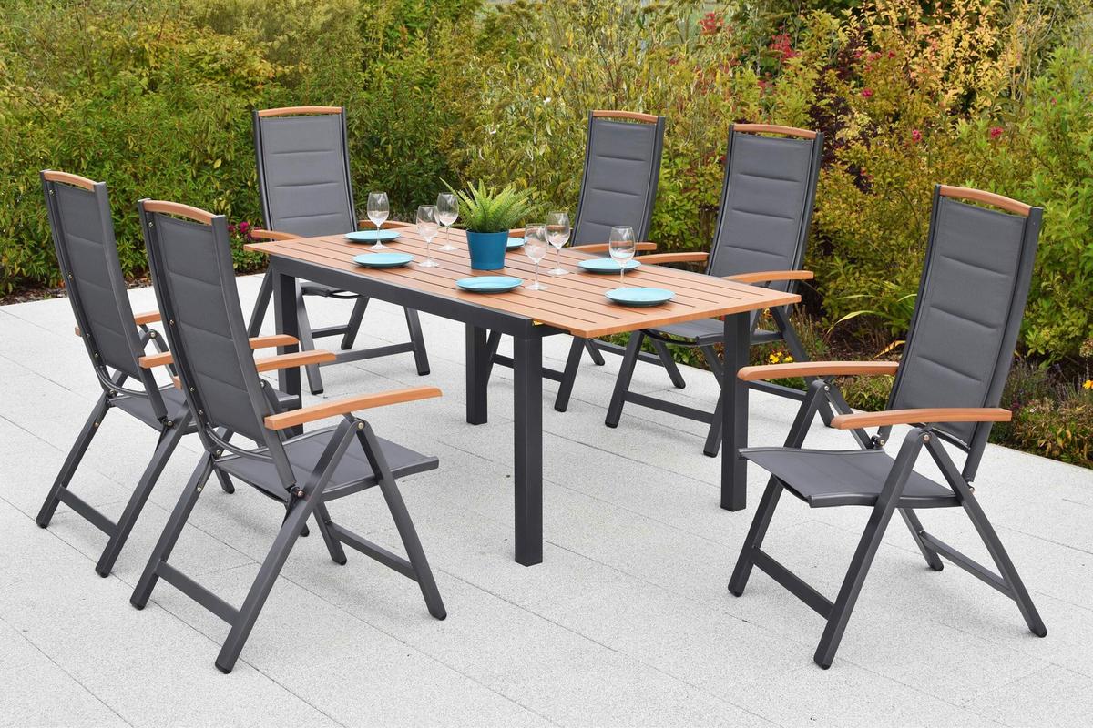 Gartentischgruppe Tino 7-tlg. Graphitfarben - Graphitfarben/Naturfarben, KONVENTIONELL, Textil/Metall - Gardenson