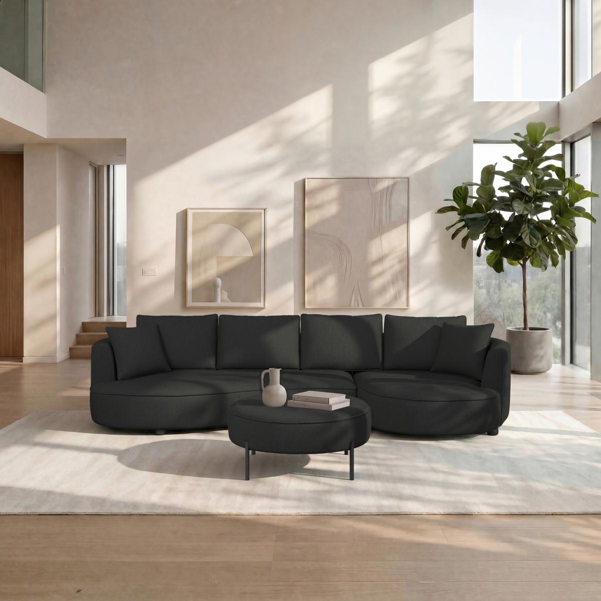 Wohnlandschaft Nilas Schwarz Chenille mit Hocker - Schwarz, MODERN, Holz/Textil (322/154cm) - Bessagi Home
